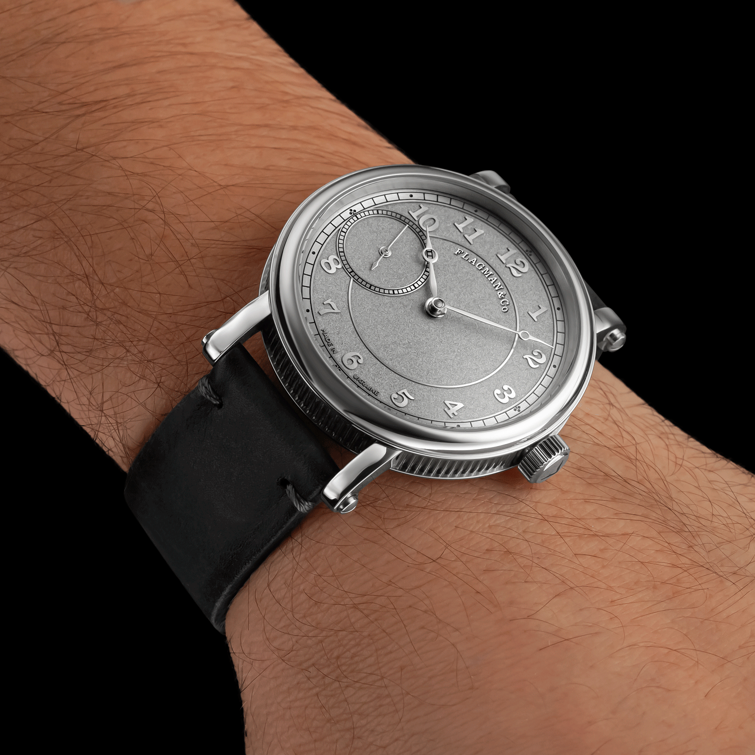 Front view of Bohemia Gray luxury mens watch worn on wrist