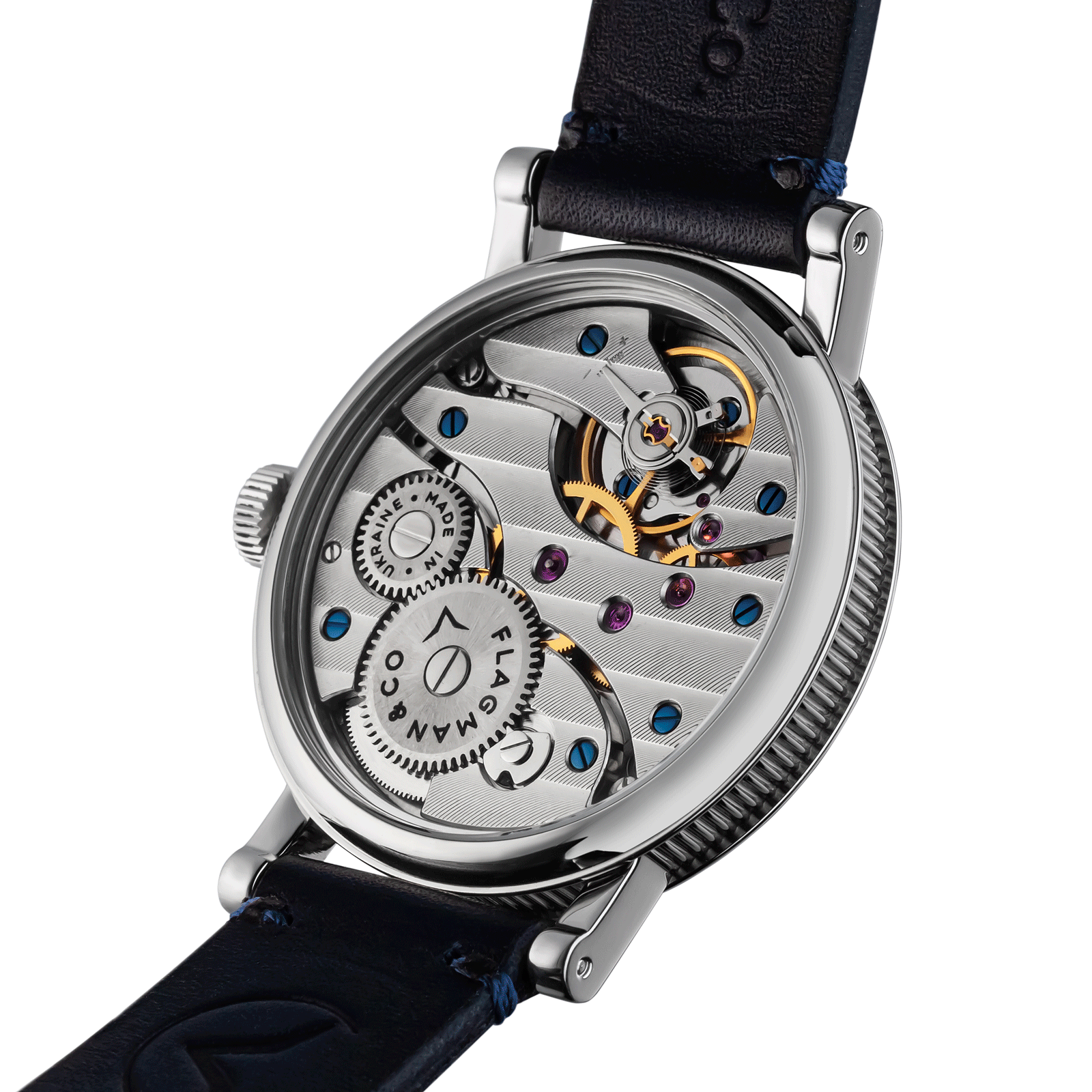 Back view of Bohemia Blue Mechanical watch – exposed movement