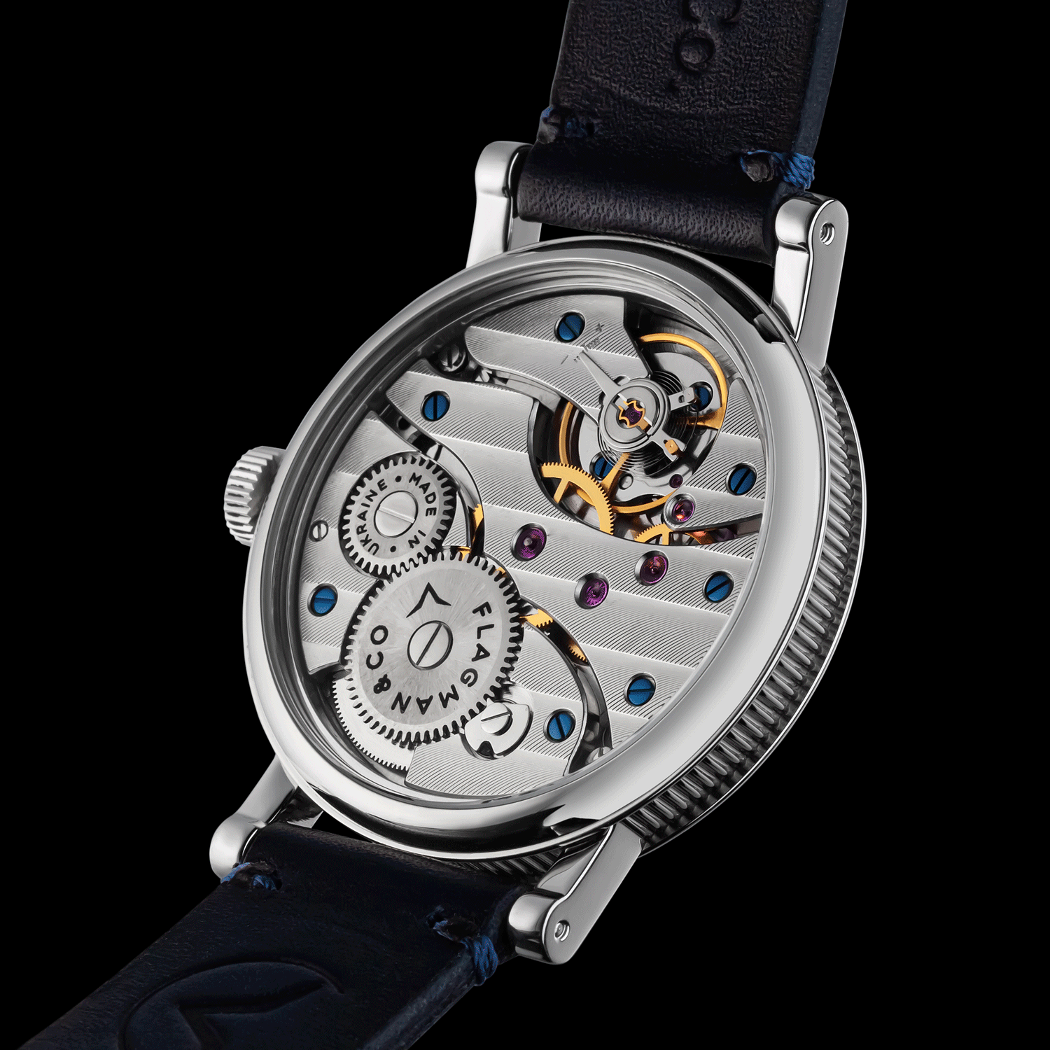 Rear view of Mens watch Bohemia Blue showing open caseback and movement