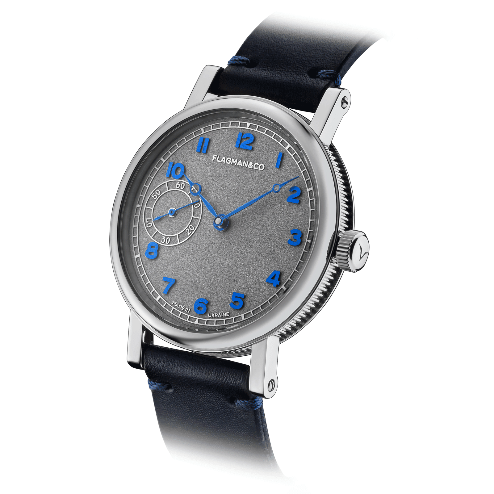 Close-up view of Handmade watch Bohemia Blue, with side crown and detailed case finish