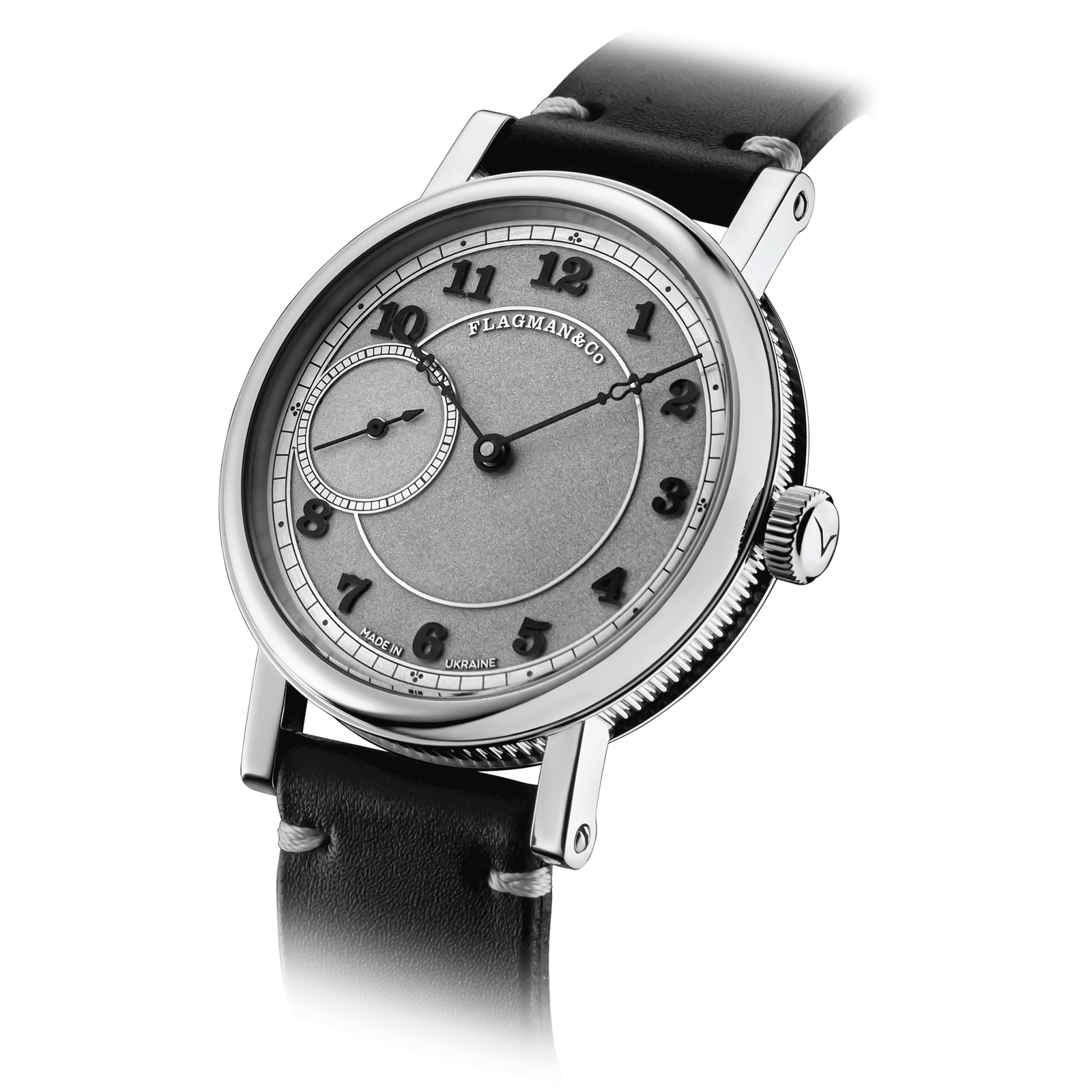 Close-up view of Handmade watch Bohemia Black, with side crown and detailed case finish