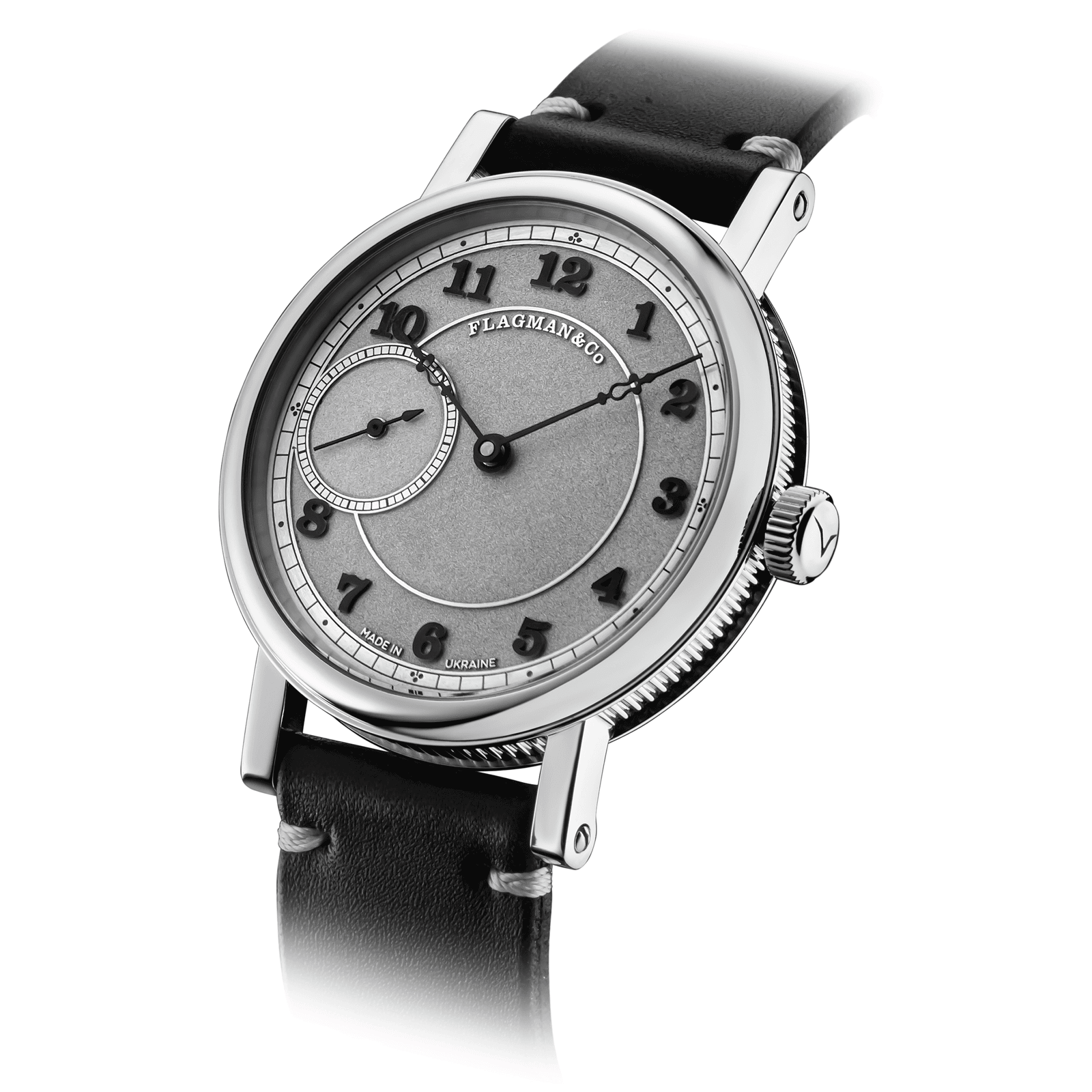 Close-up view of Handmade watch Bohemia Black, with side crown and detailed case finish