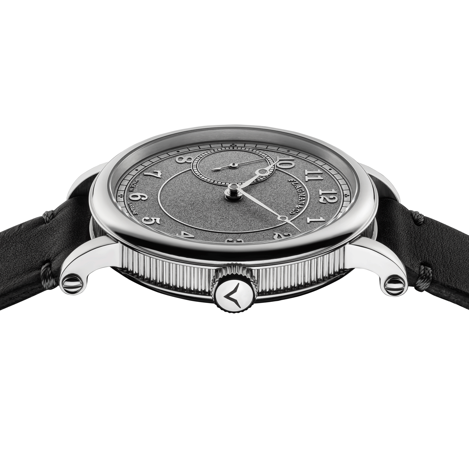 Close-up view of Handmade watch Bohemia Gray, with crown side, and detailed case finish