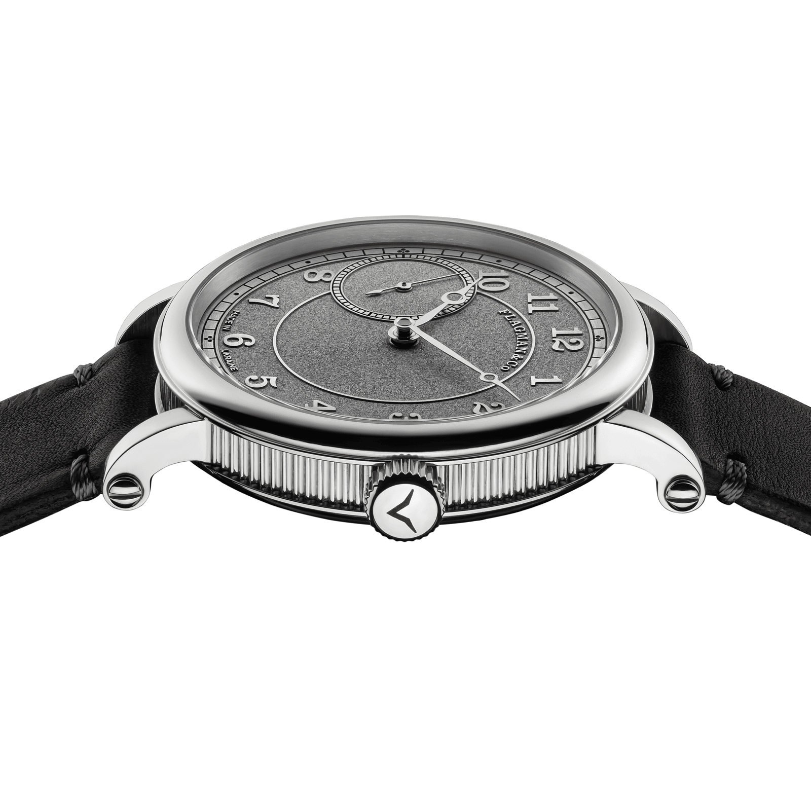 Close-up view of Handmade watch Bohemia Gray, with crown side, and detailed case finish