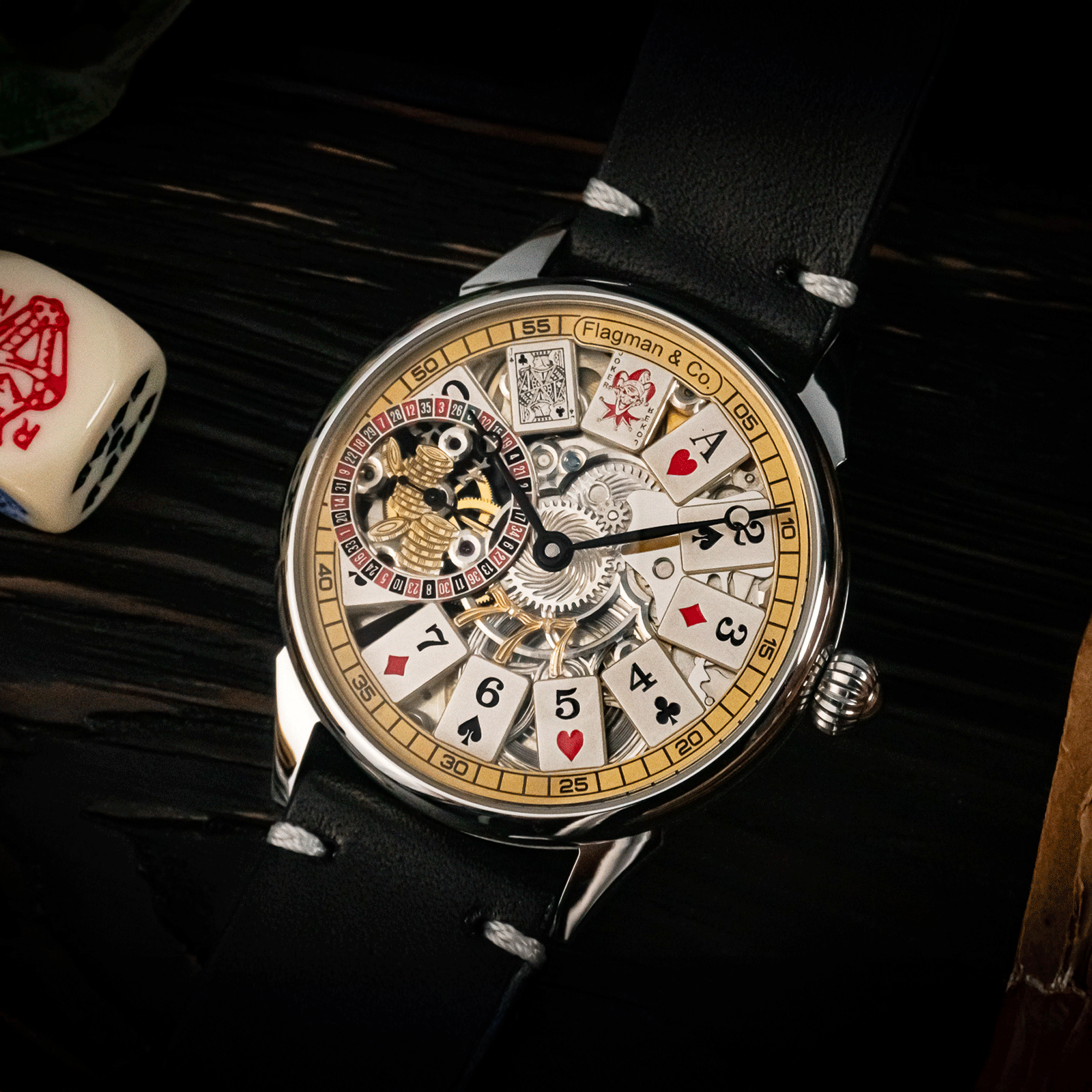 Front view of gambling-themed skeleton watch – men’s handmade mechanical watch