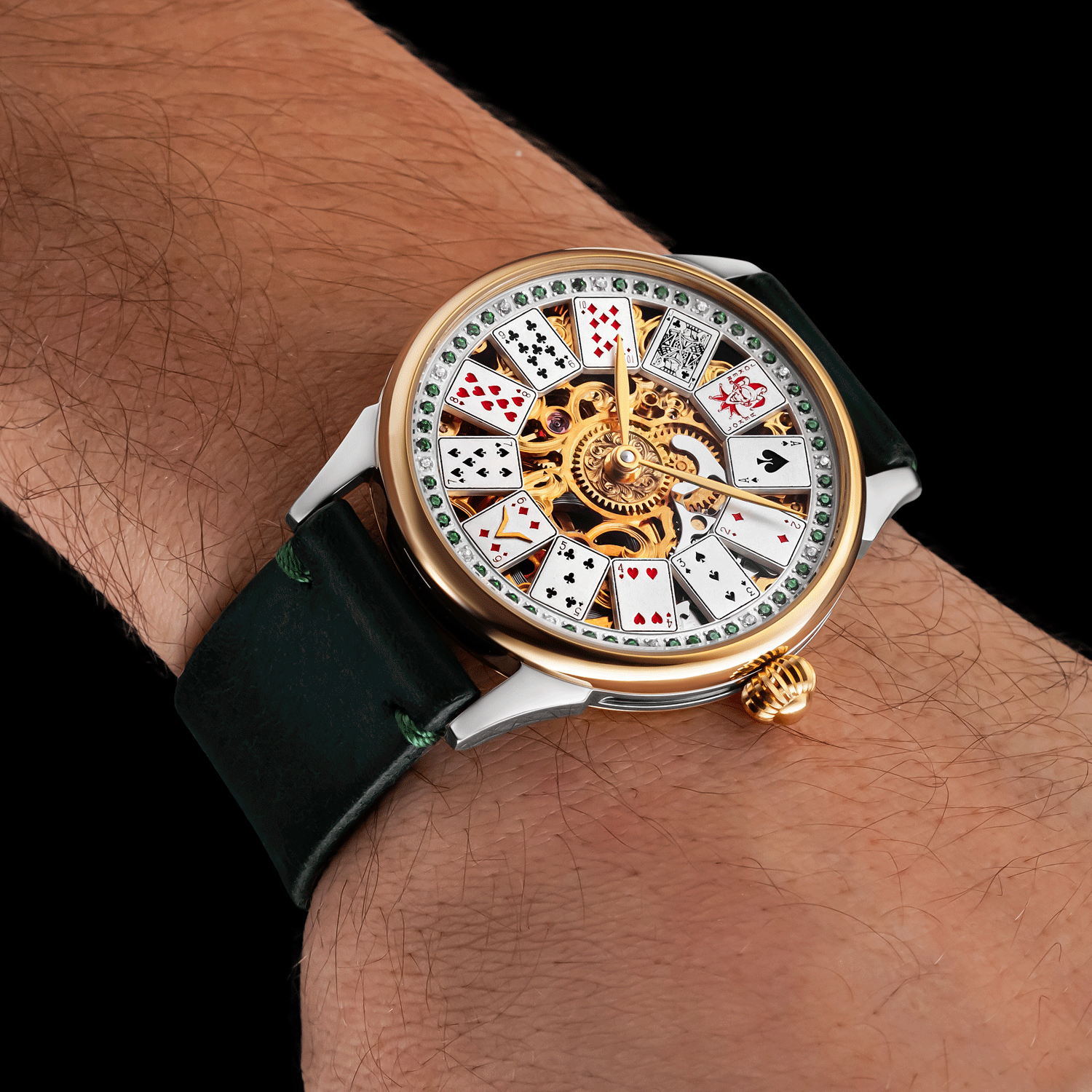 Front view of skeleton watch worn on wrist – poker-inspired design