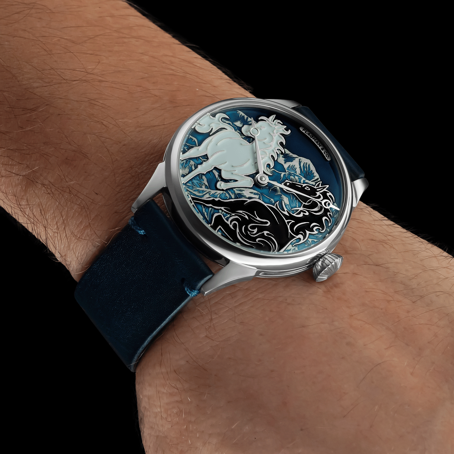 Front view of handmade watch worn on wrist - Spirit