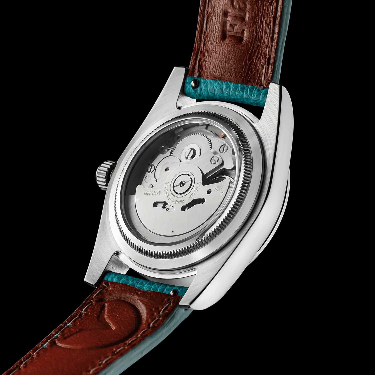 Back view of Mechanical watch Lumine Azure exposed movement