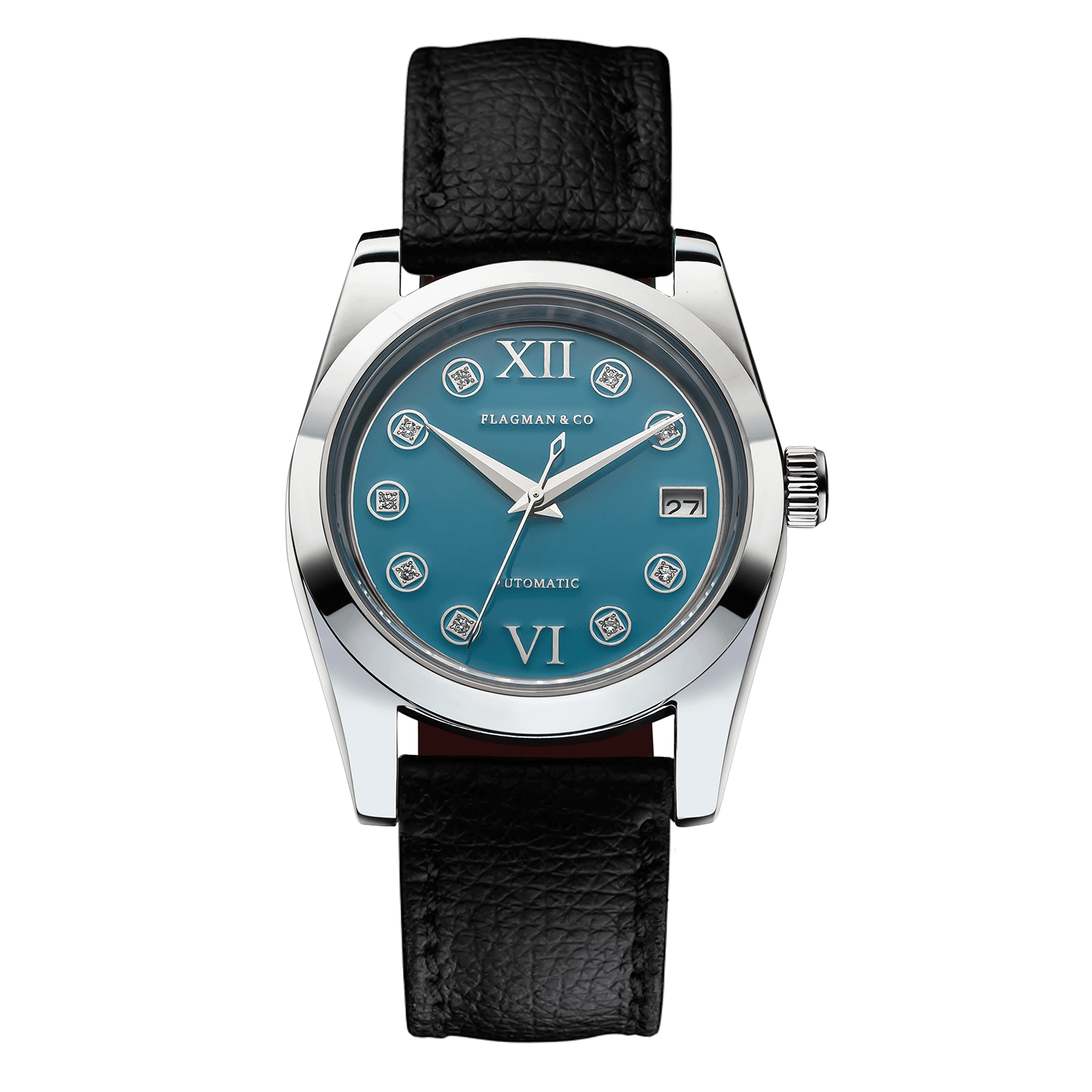 Womens handmade watch Lumine Azure with Deep-Black leather strap #color_black