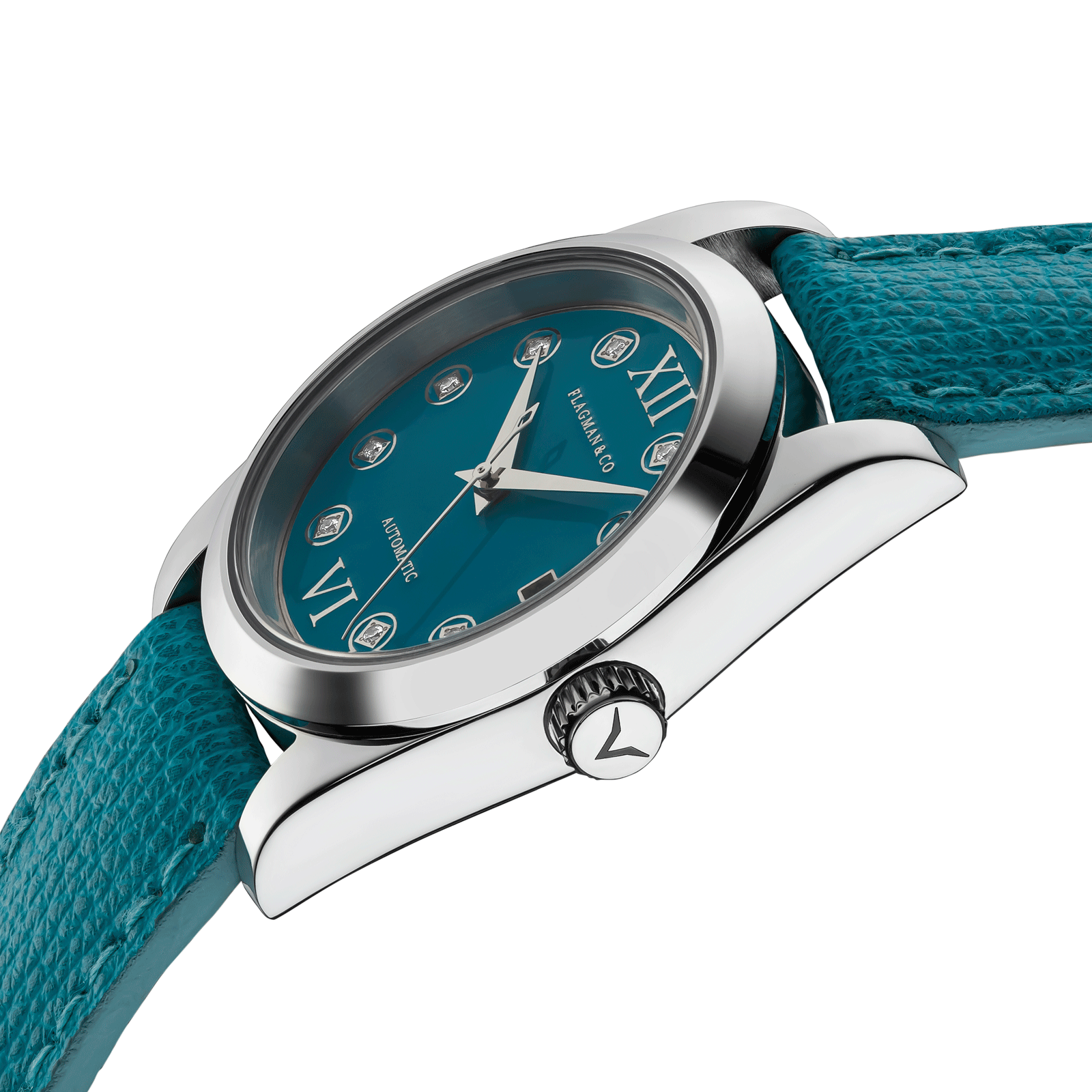 Detailed side view of Womens handmade watch Lumine Azure, and its crown