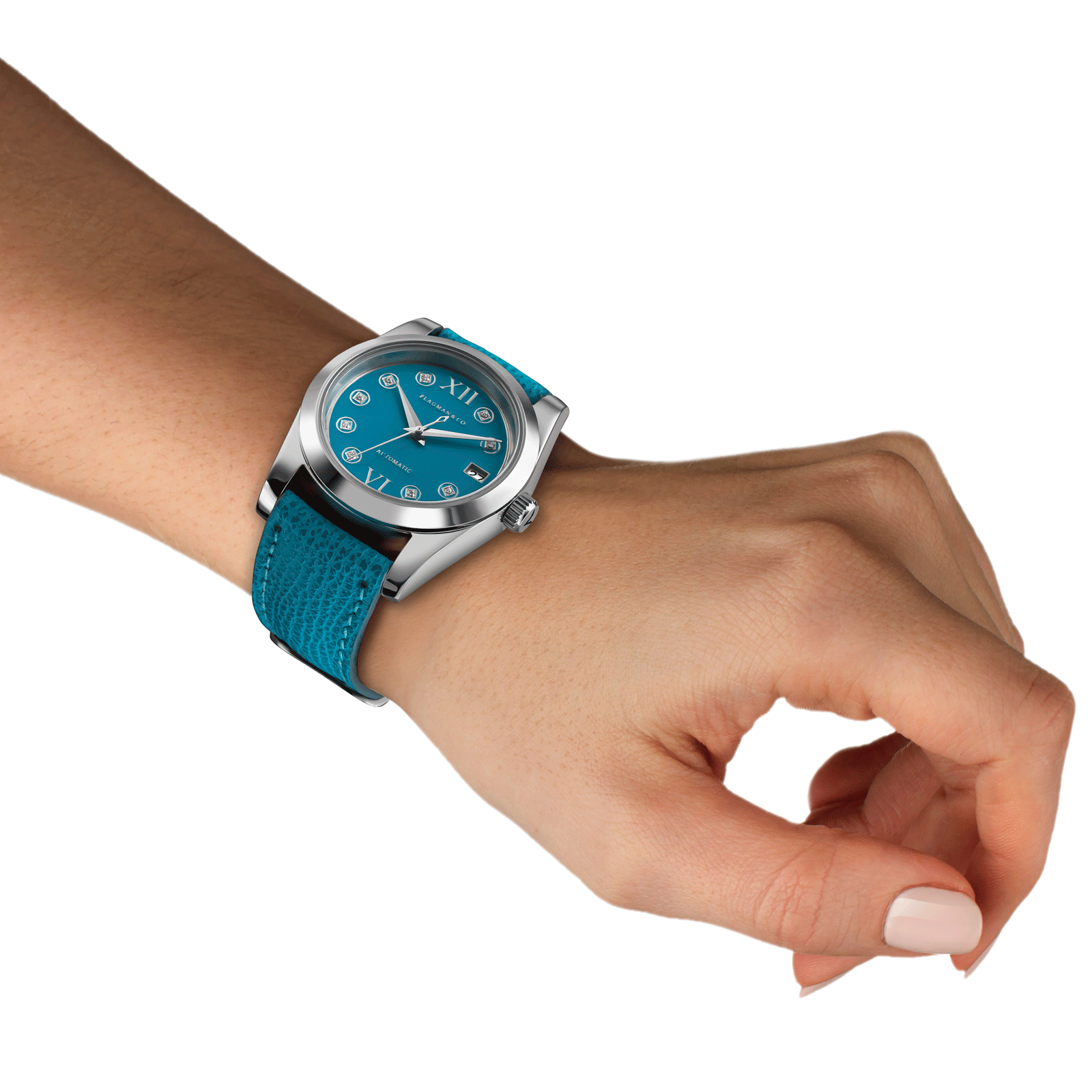 Luxury womens watch Lumine Azure, demonstrated on woman wrist