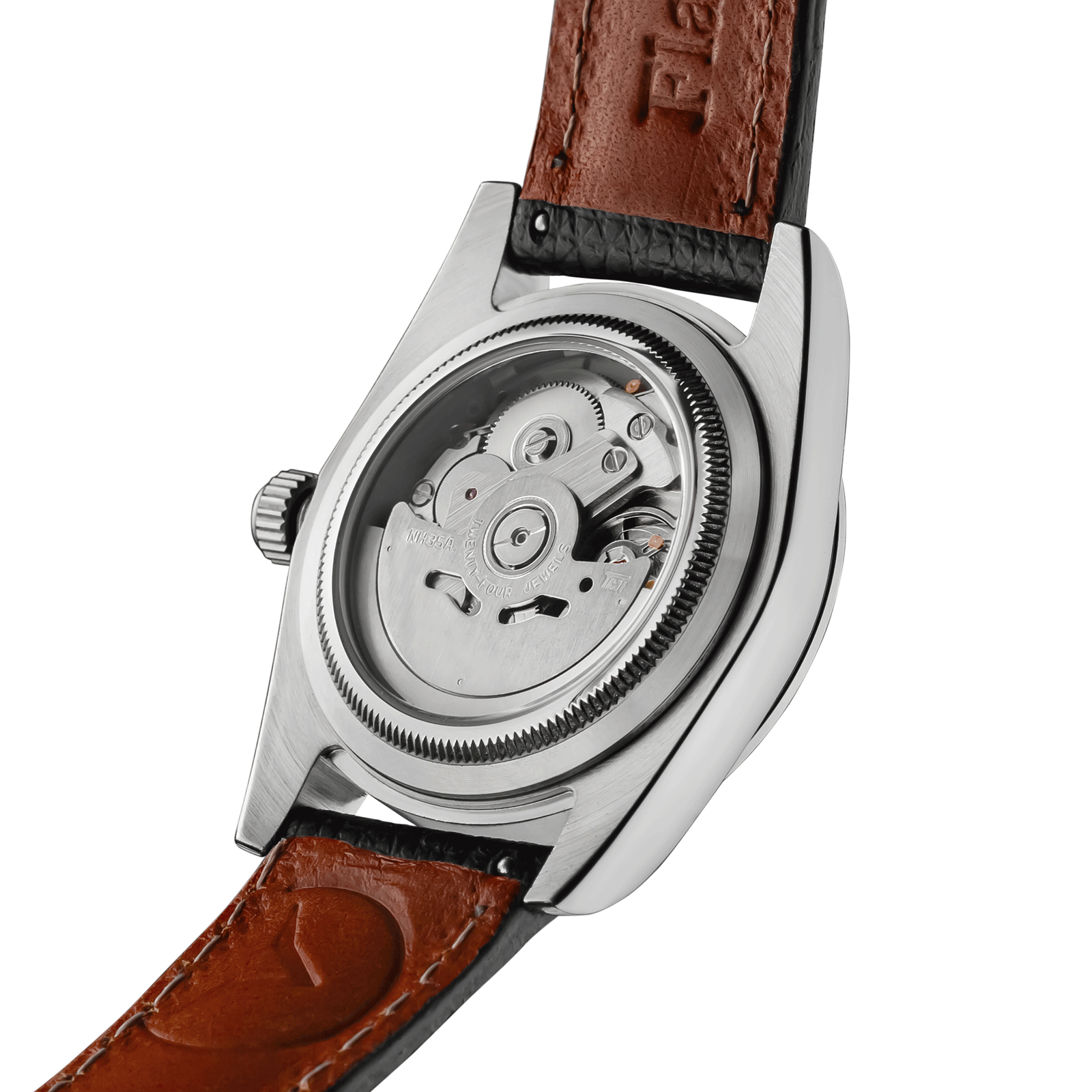 Back view of Handmade watch Lumine black exposed movement