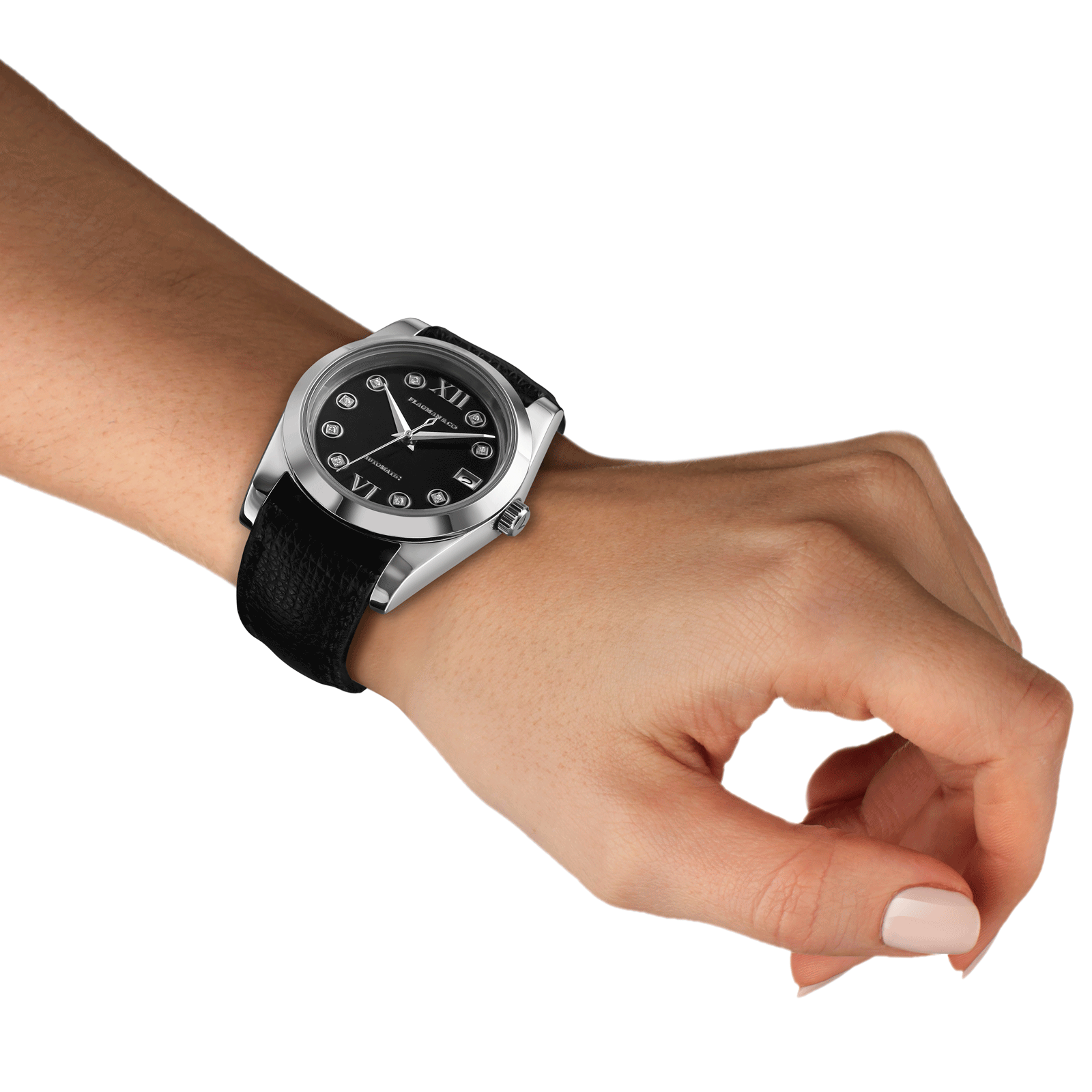 Luxury womens watch Lumine black demonstrated on woman wrist