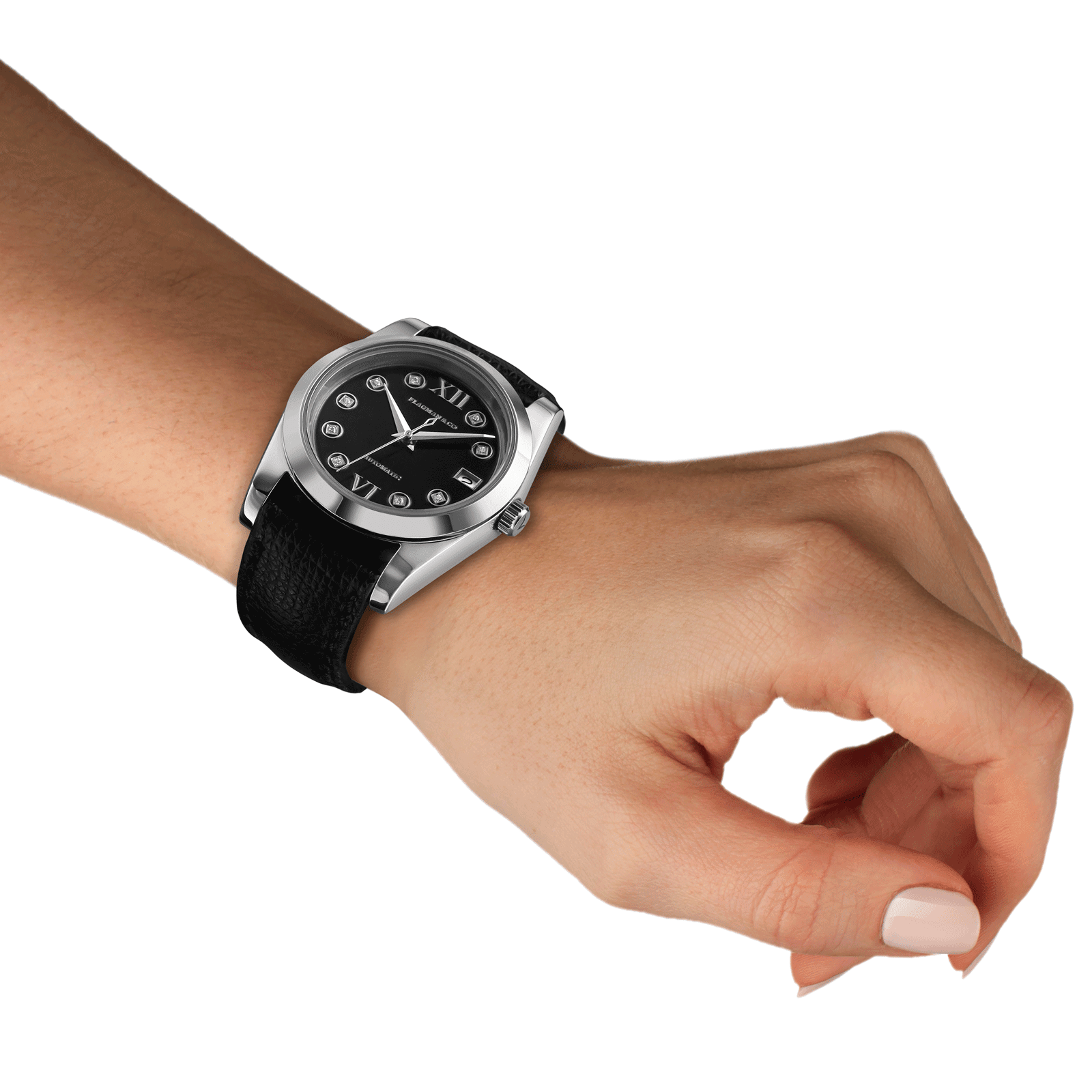 Luxury womens watch Lumine black demonstrated on woman wrist