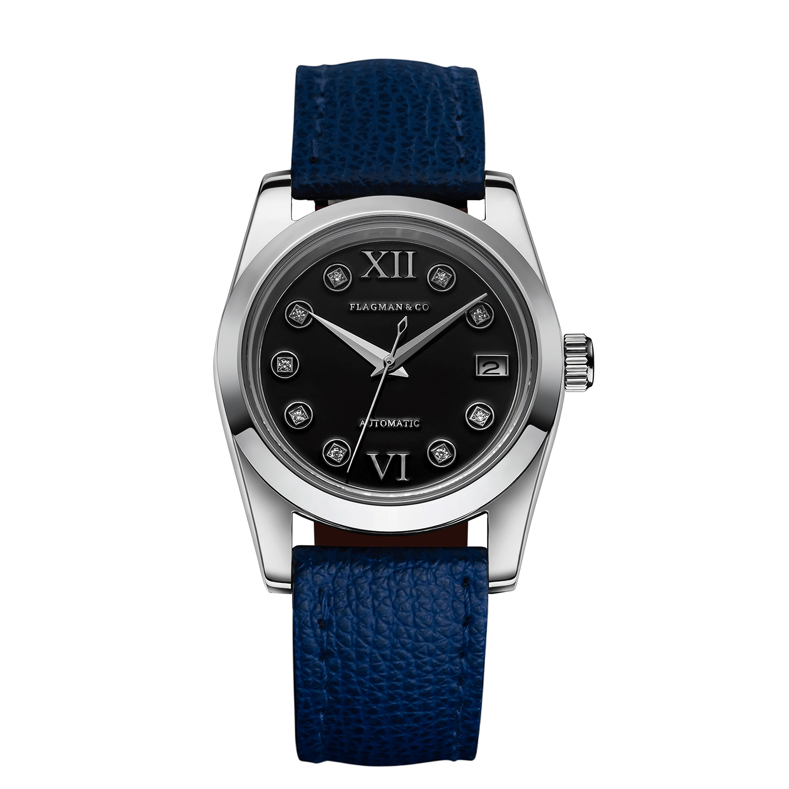Womens handmade watch Lumine black with Deep-Blue leather strap #color_deep blue