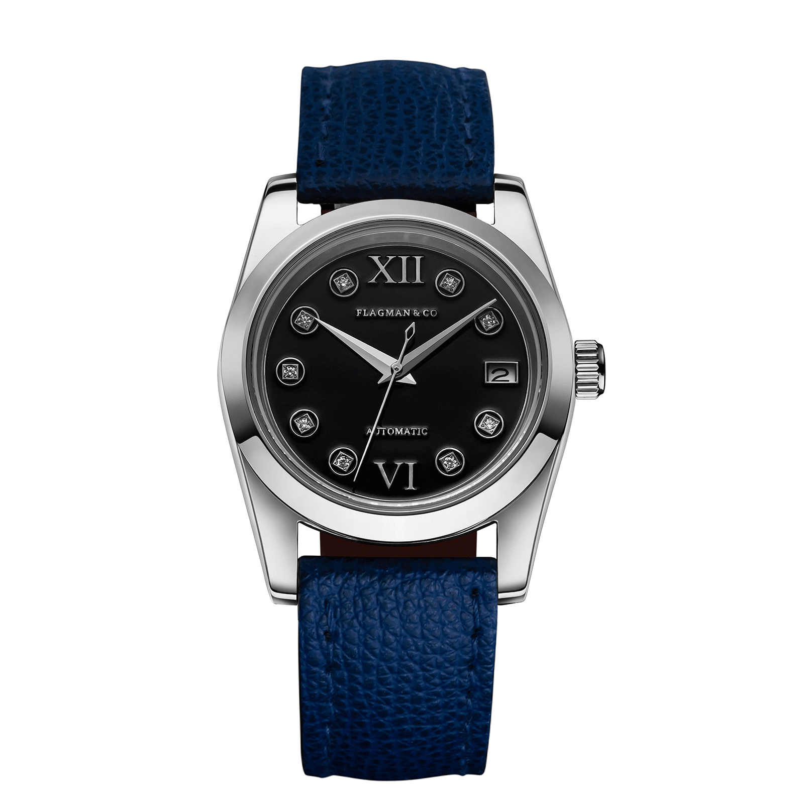 Womens handmade watch Lumine black with Deep-Blue leather strap #color_blue