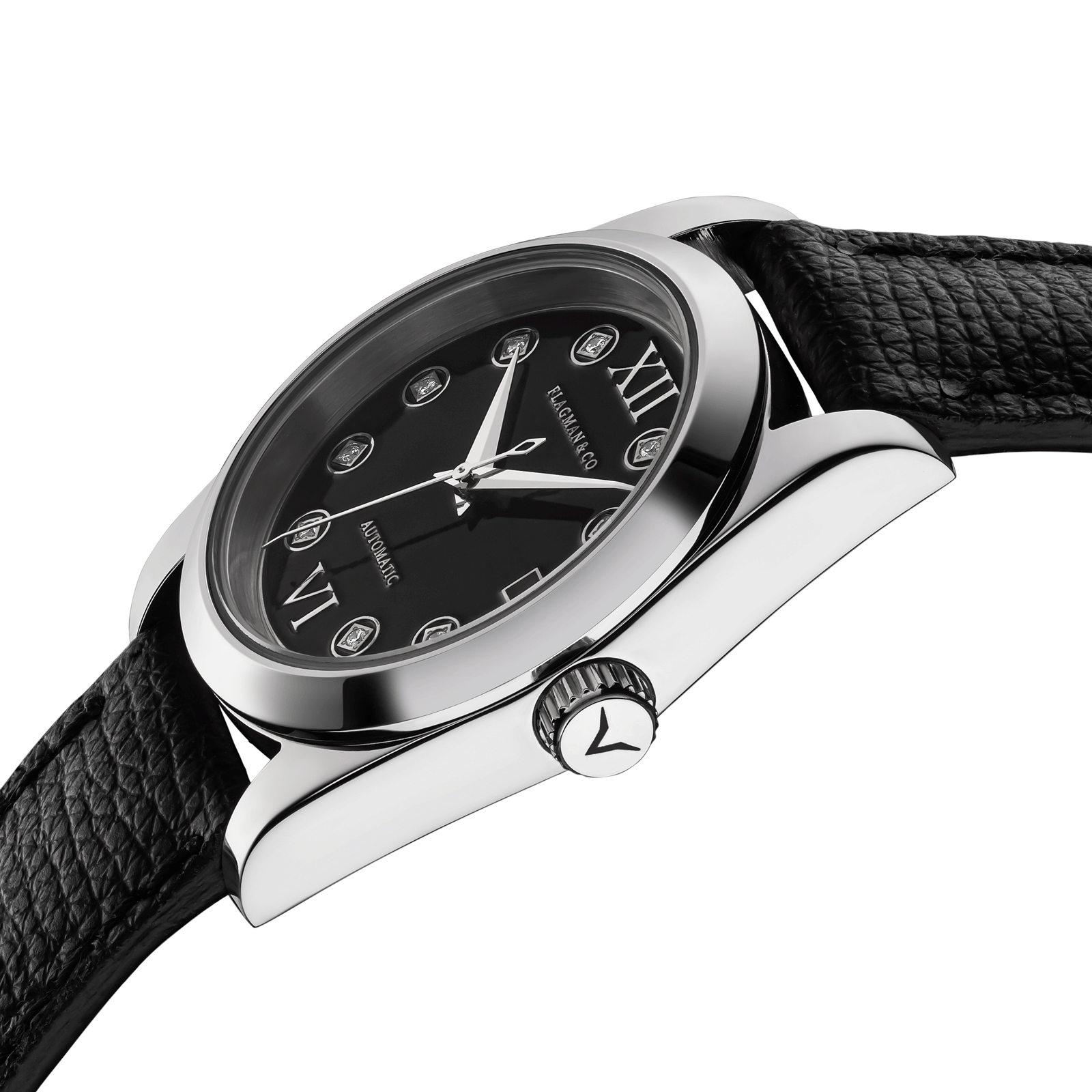 Side view of Womens handmade watch Lumine black and its crown