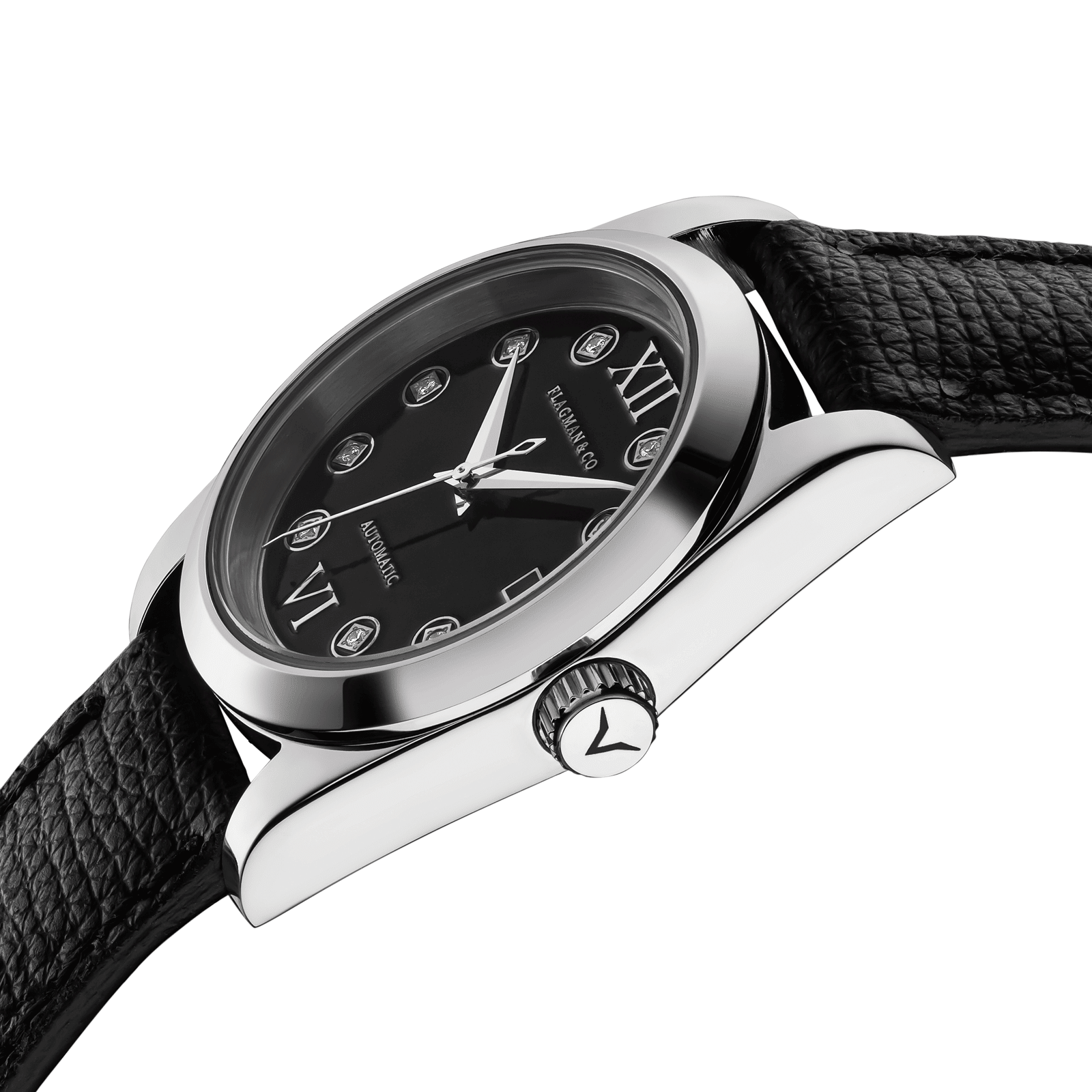 Side view of Womens handmade watch Lumine black and its crown