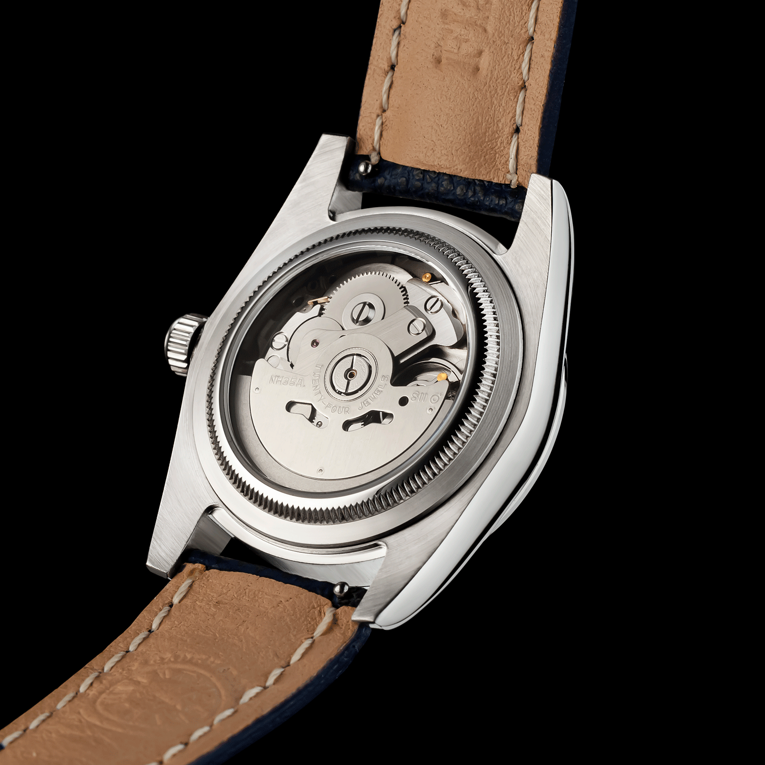 Back view of Mechanical watch Lumine blue exposed movement