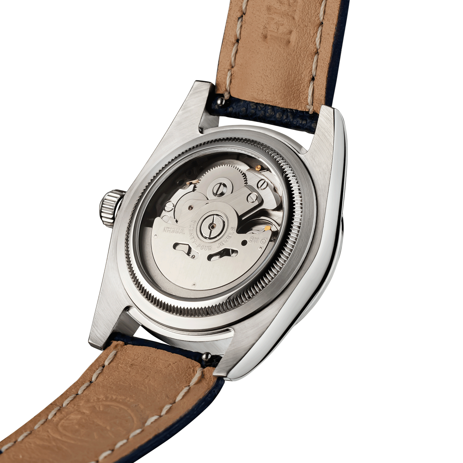 Back view of Handmade watch Lumine blue exposed movement