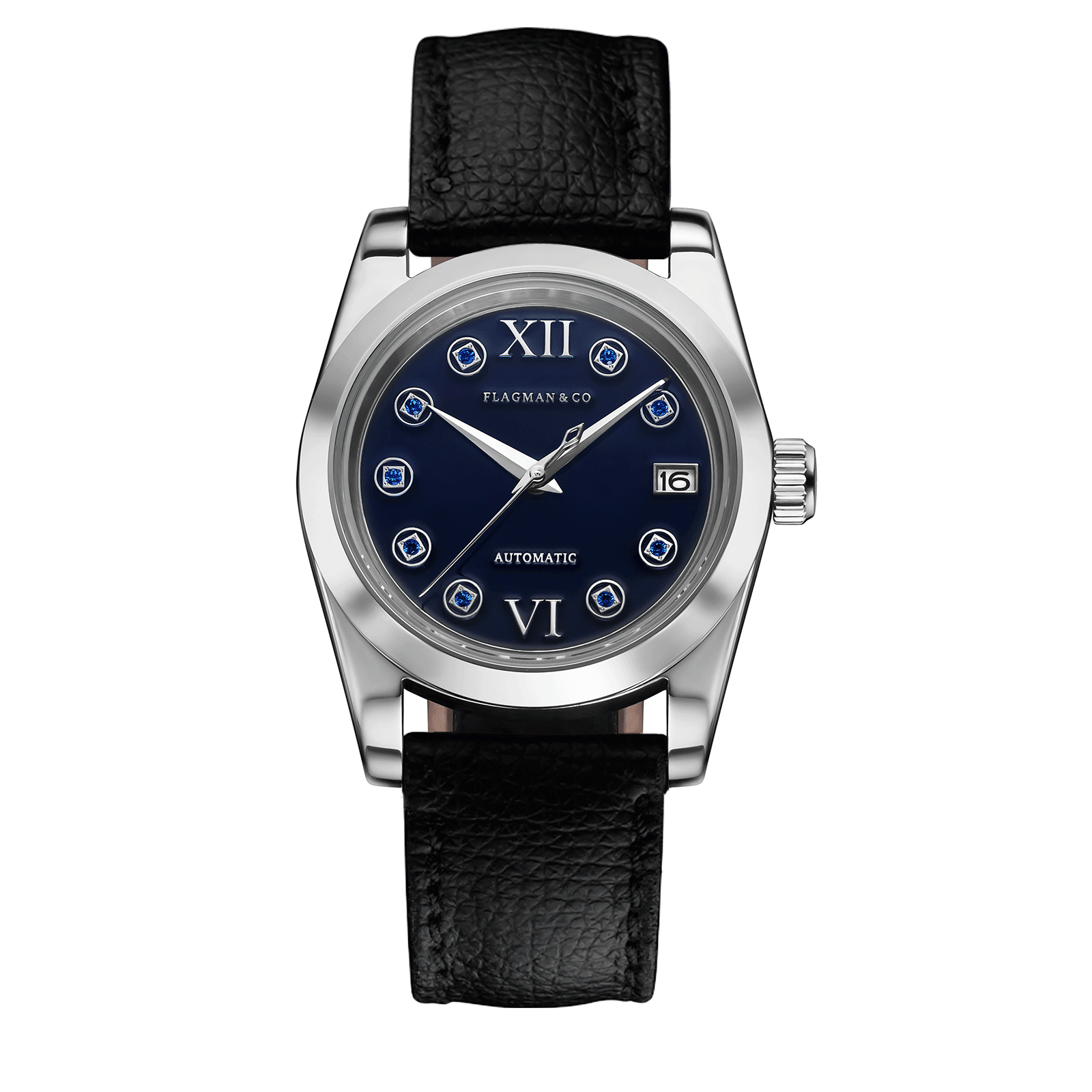 Womens handmade watch Lumine blue with Deep-Black leather strap #color_black