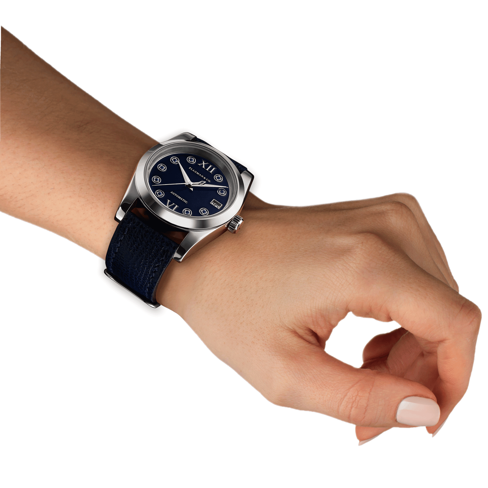 Luxury womens watch Lumine blue demonstrated on woman wrist