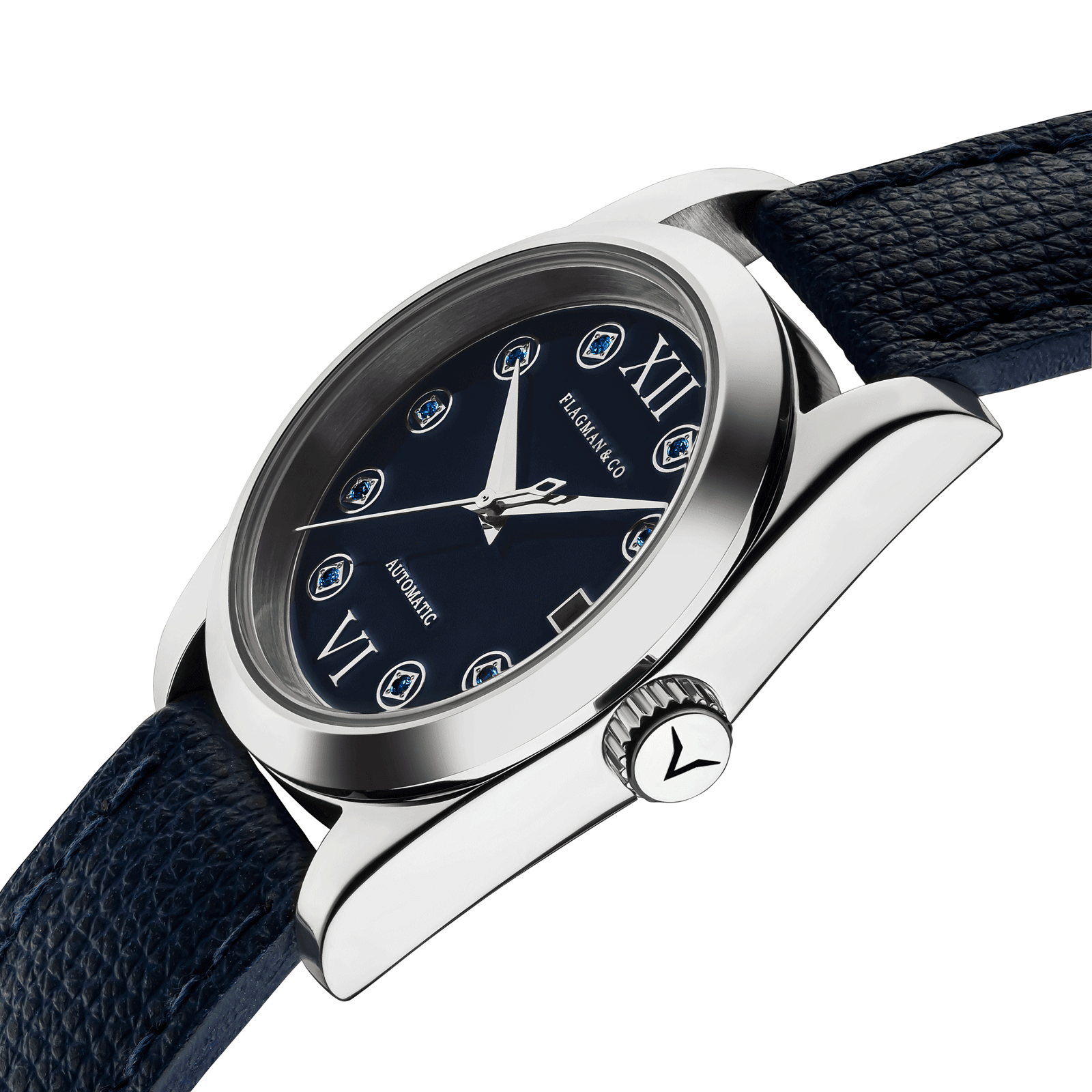 Detailed side view of Womens handmade watch Lumine blue and its crown