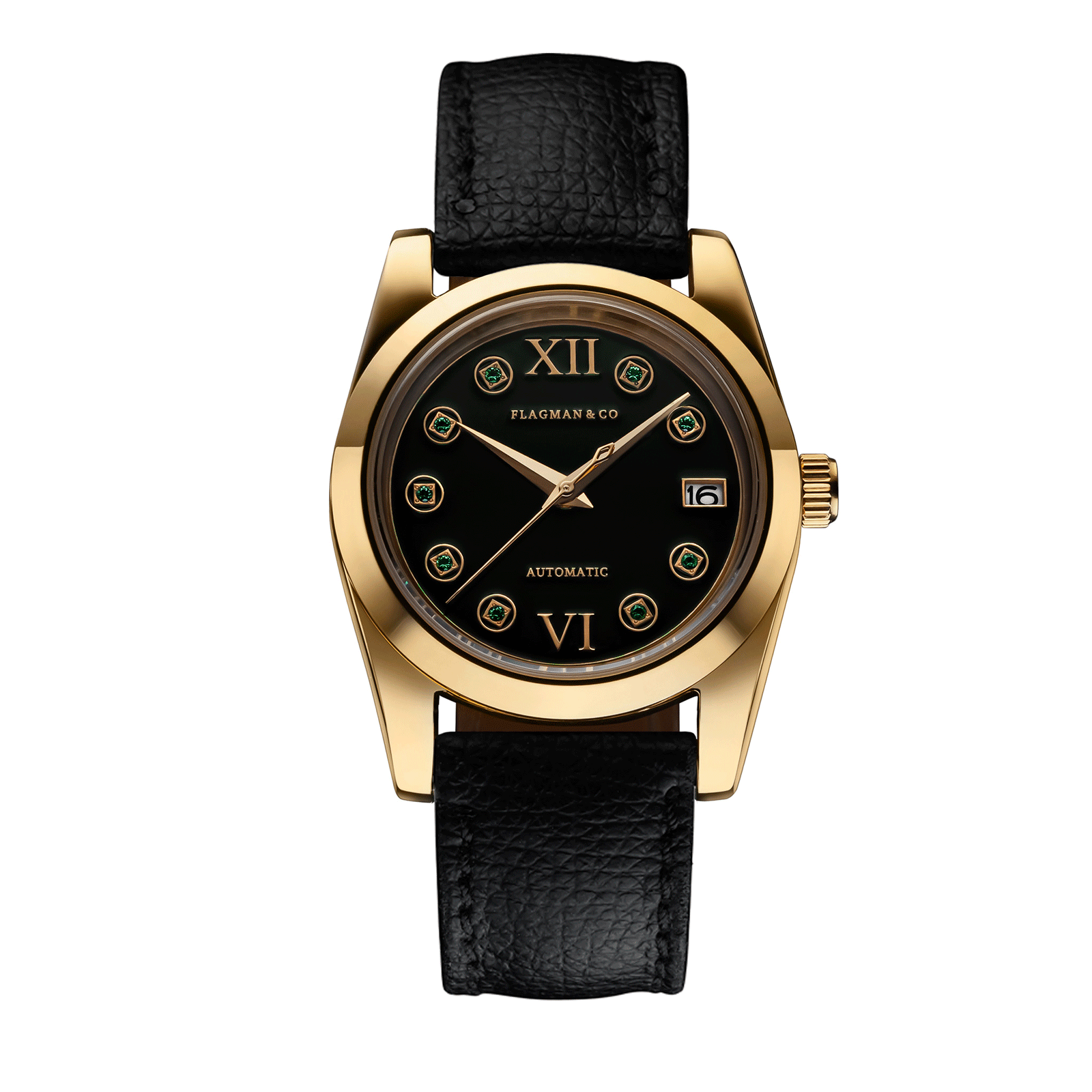 Mechanical watch Lumine green with Deep-Black leather strap #color_black
