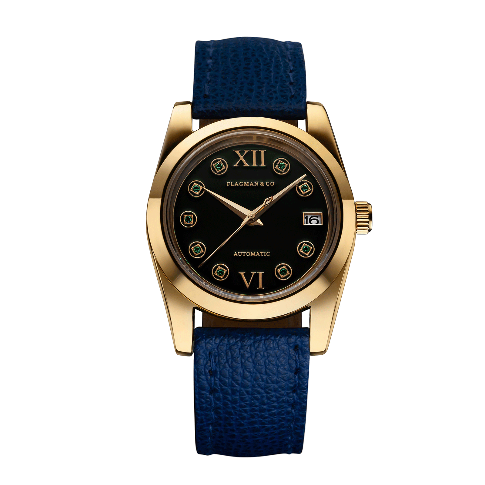 Womens handmade watch Lumine Green with Deep-Blue leather strap #color_blue