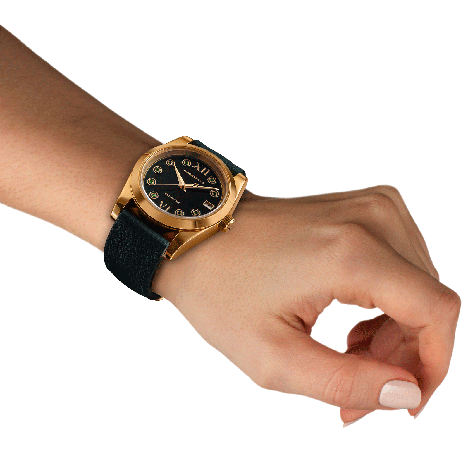 Luxury womens watch Lumine green demonstrated on woman wrist