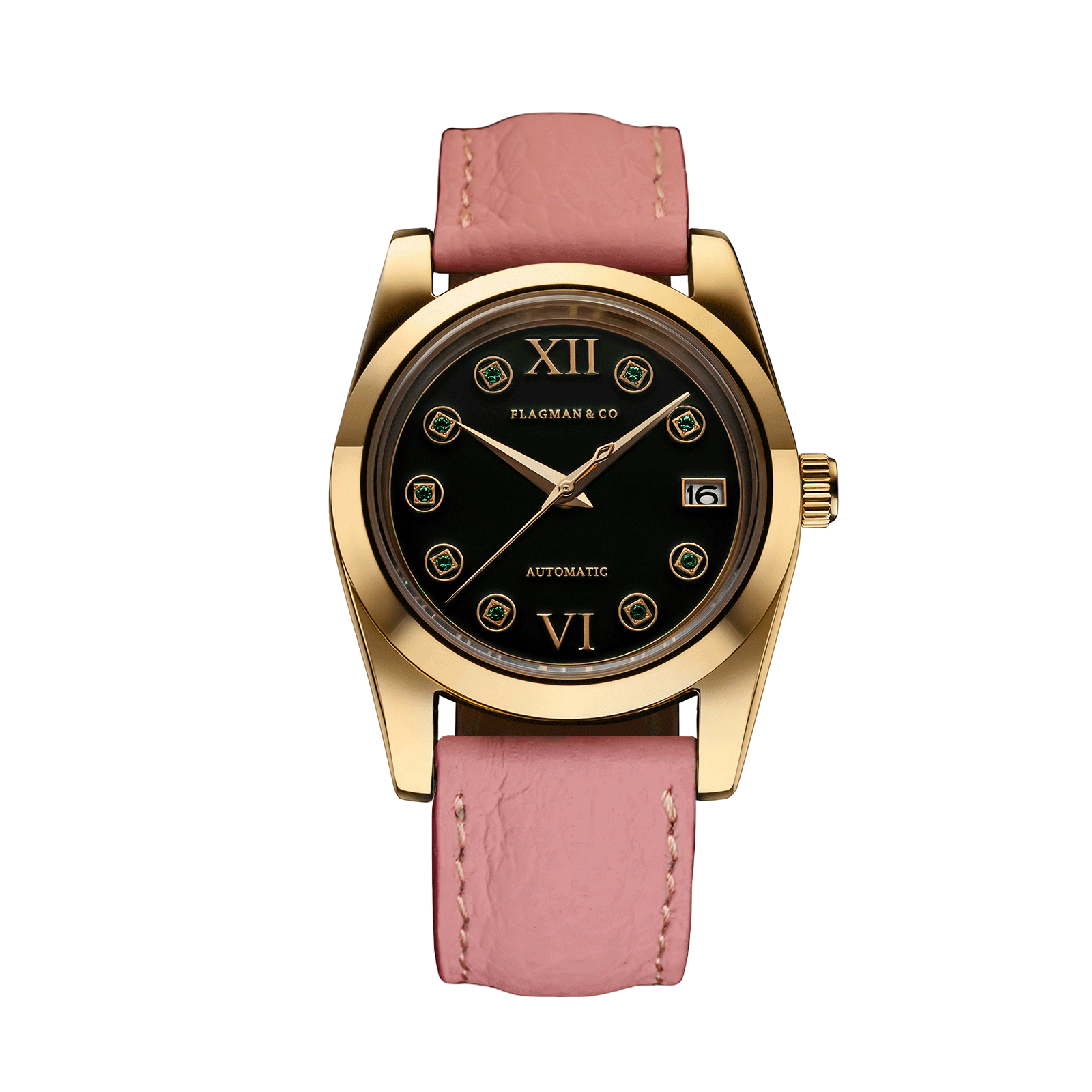 Womens automatic watch Lumine Green with Pink leather strap #color_pink