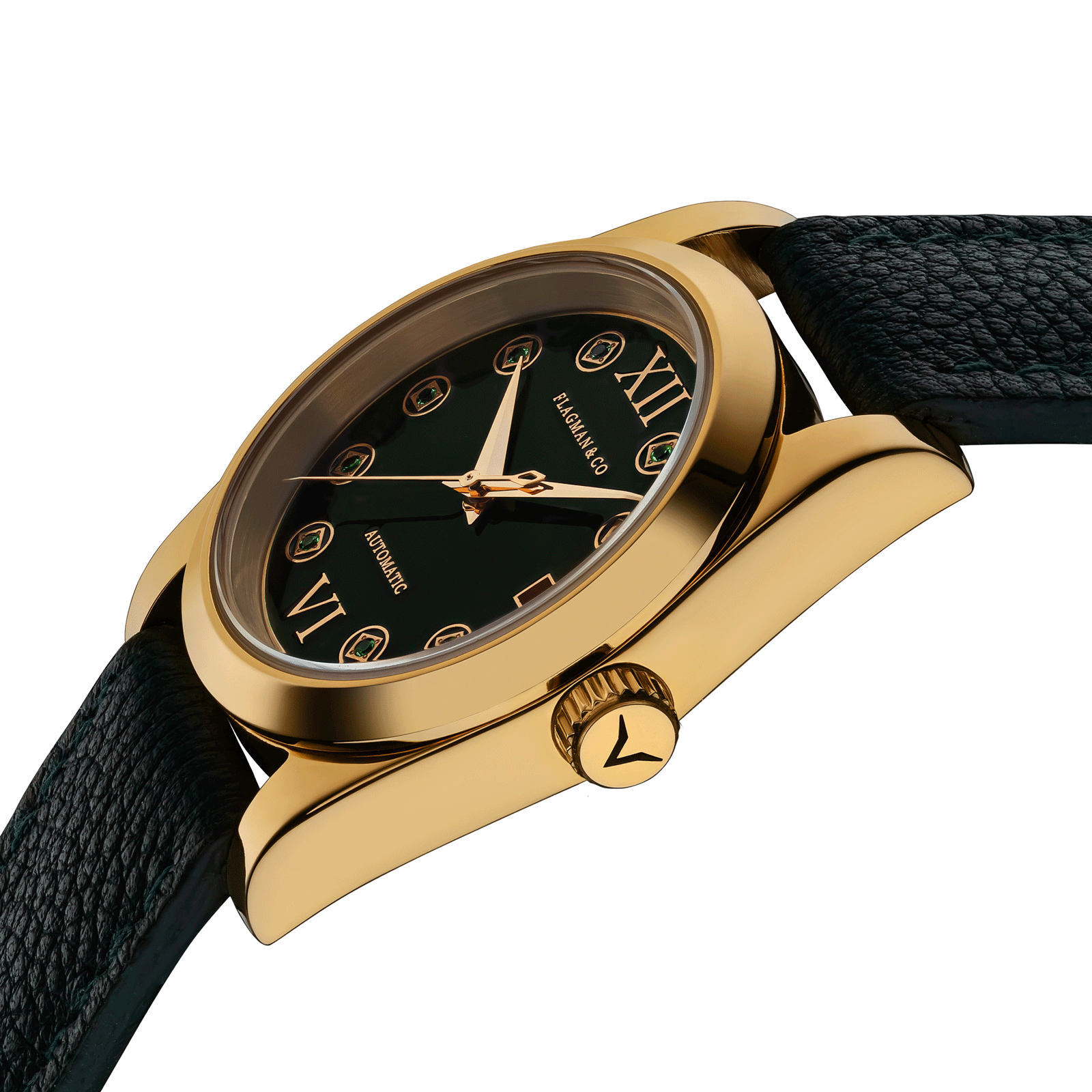 Detailed side view of Womens handmade watch Lumine Green and its crown