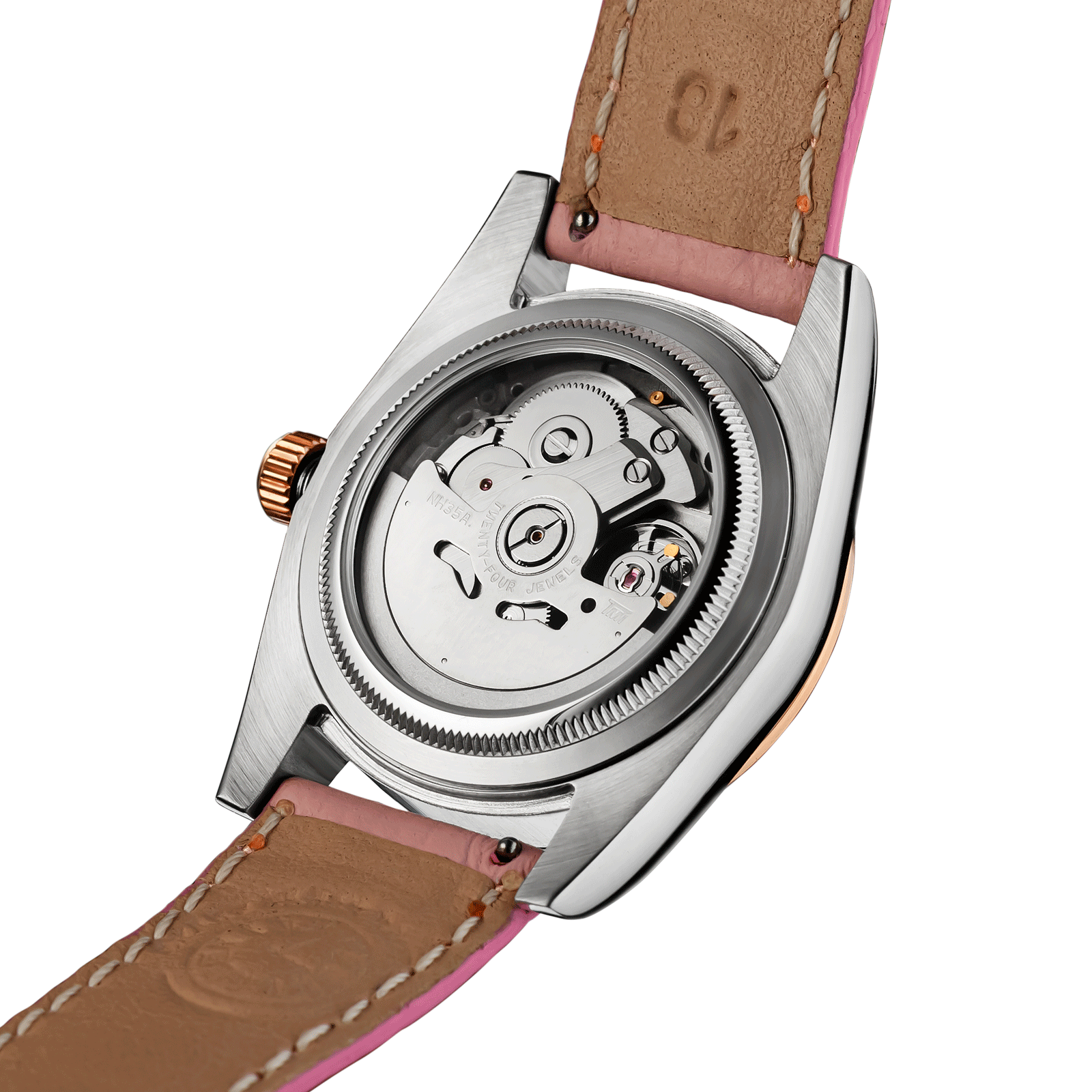 Back view of Handmade watch Lumine Pink exposed movement