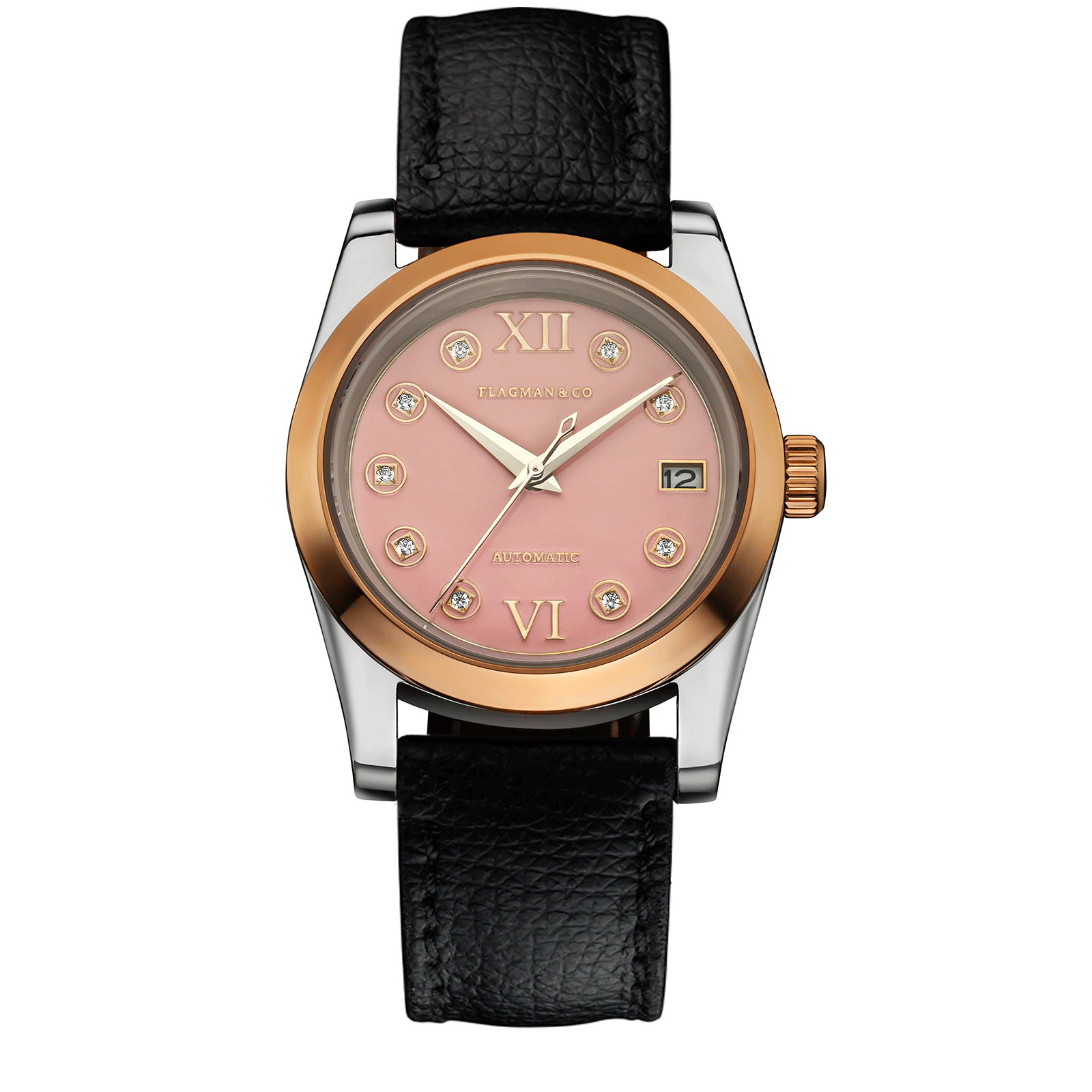 Womens handmade watch Lumine Pink with Deep-Black leather strap #color_deep black