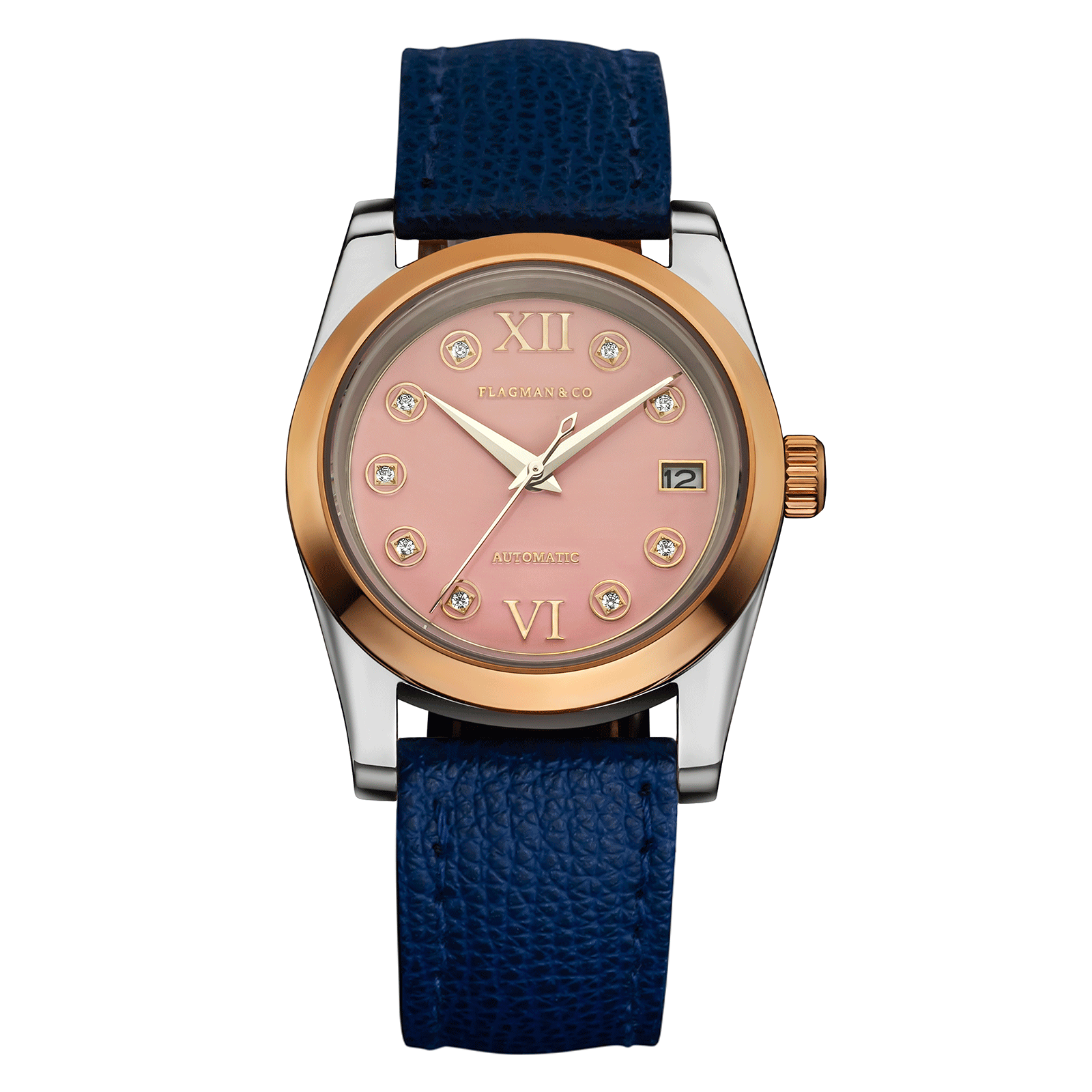 Womens automatic watch Lumine Pink with Deep-Blue leather strap #color_blue