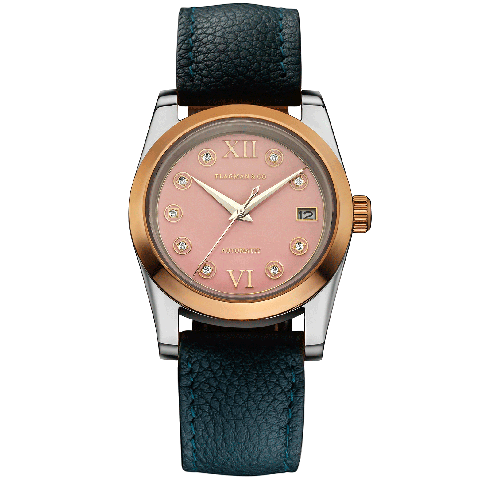 Womens handmade watch Lumine Pink with Deep-green leather strap #color_green
