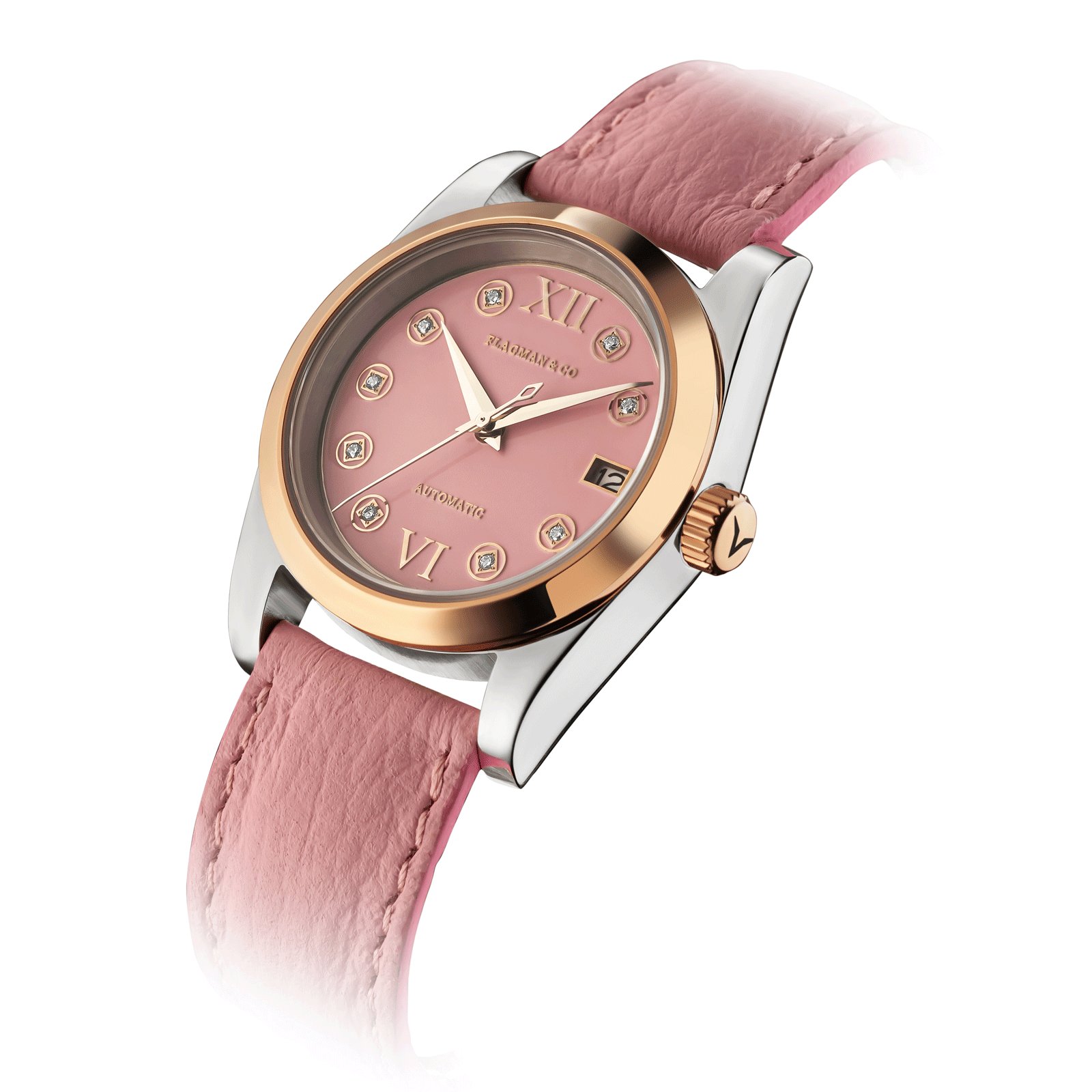 Detailed front view of Womens handmade watch dial, strap and its crown - Lumine Pink