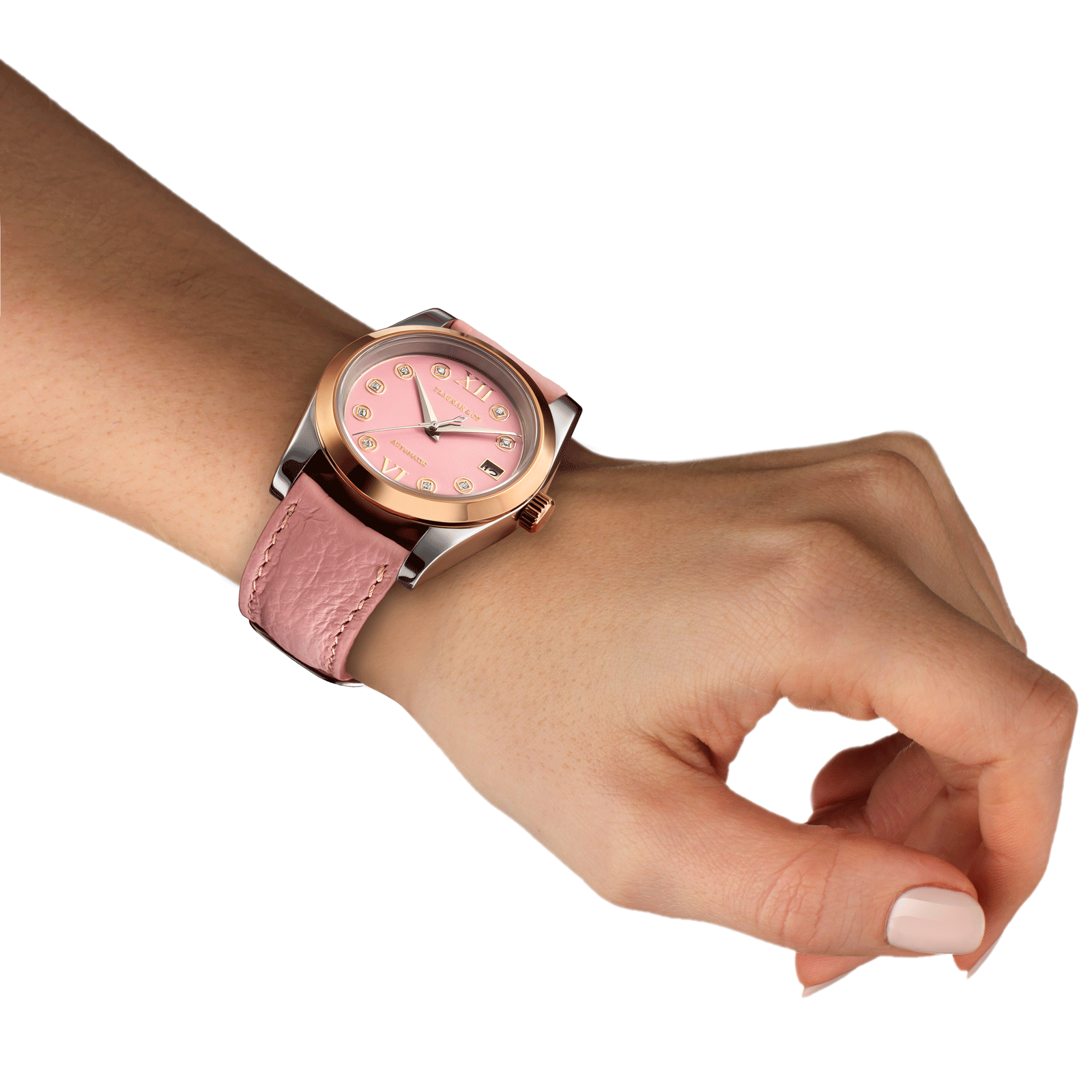 Luxury womens watch Lumine Pink, demonstrated on woman wrist