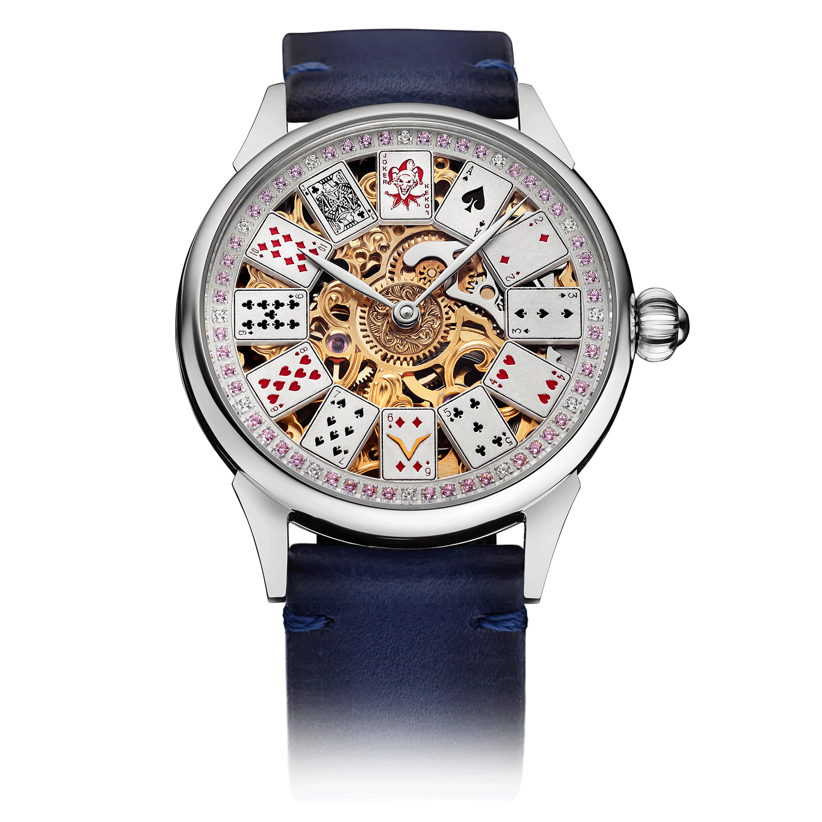Blue Leather Strap on Rose Royale Skeleton Watch #color_blue