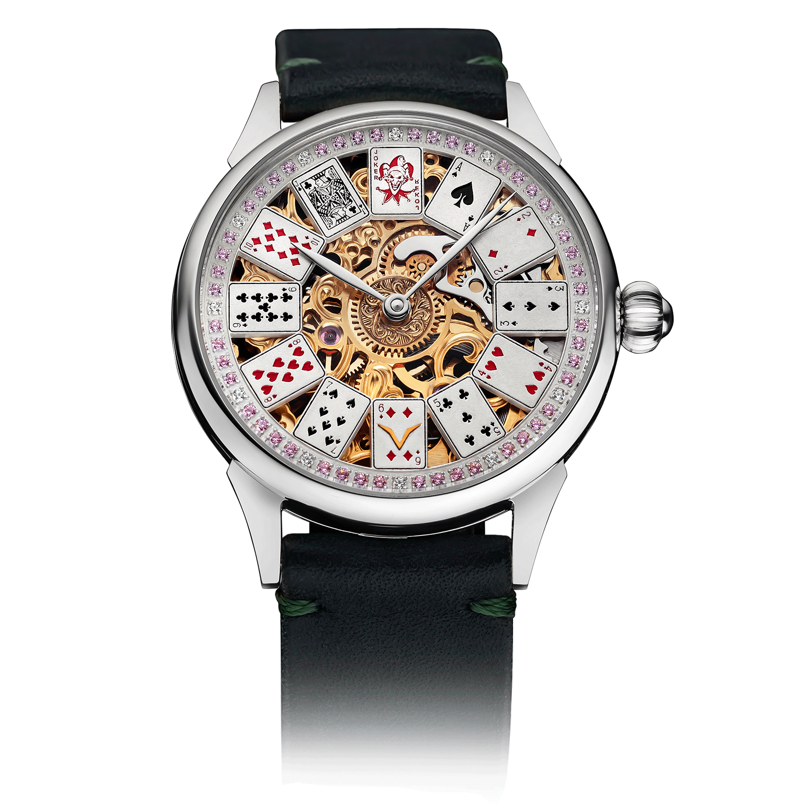 Rose Royale with Green Leather Strap – Skeleton Watch #color_green