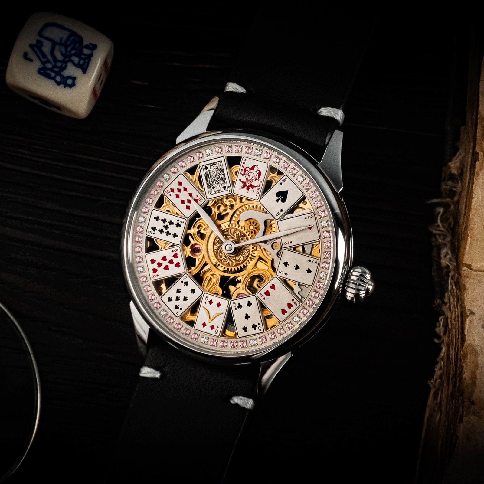 Lifestyle photo of poker watch in casino-inspired setting – skeleton watch