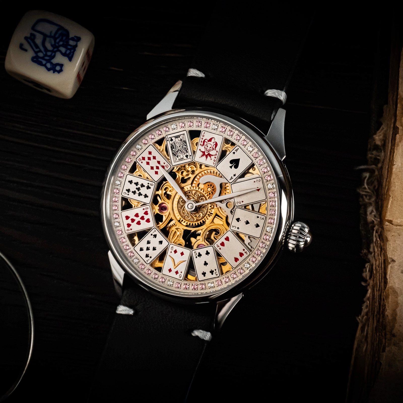 Lifestyle photo of poker watch in casino-inspired setting – skeleton watch