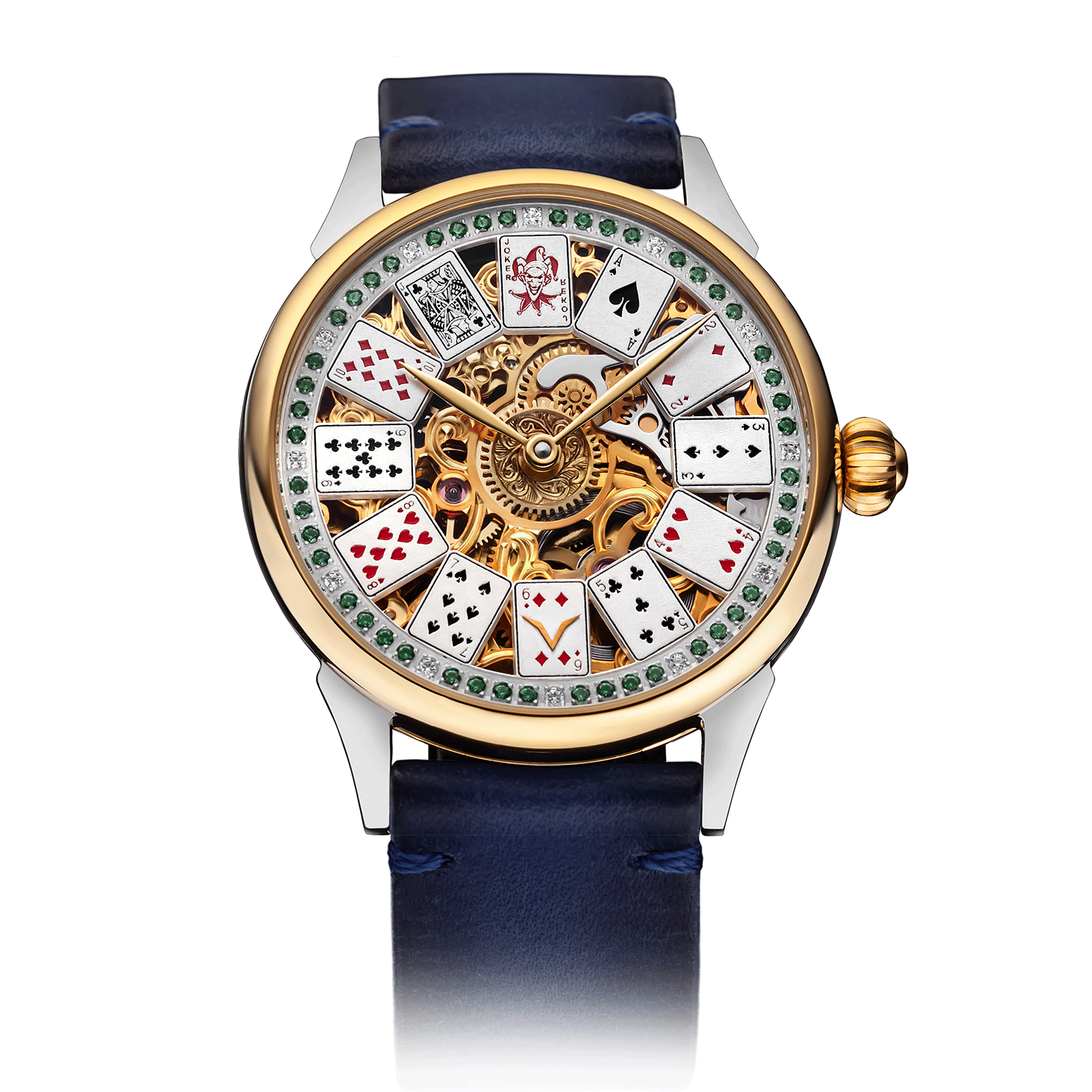 Blue Leather Strap on Emerald Royale Skeleton Watch #color_blue