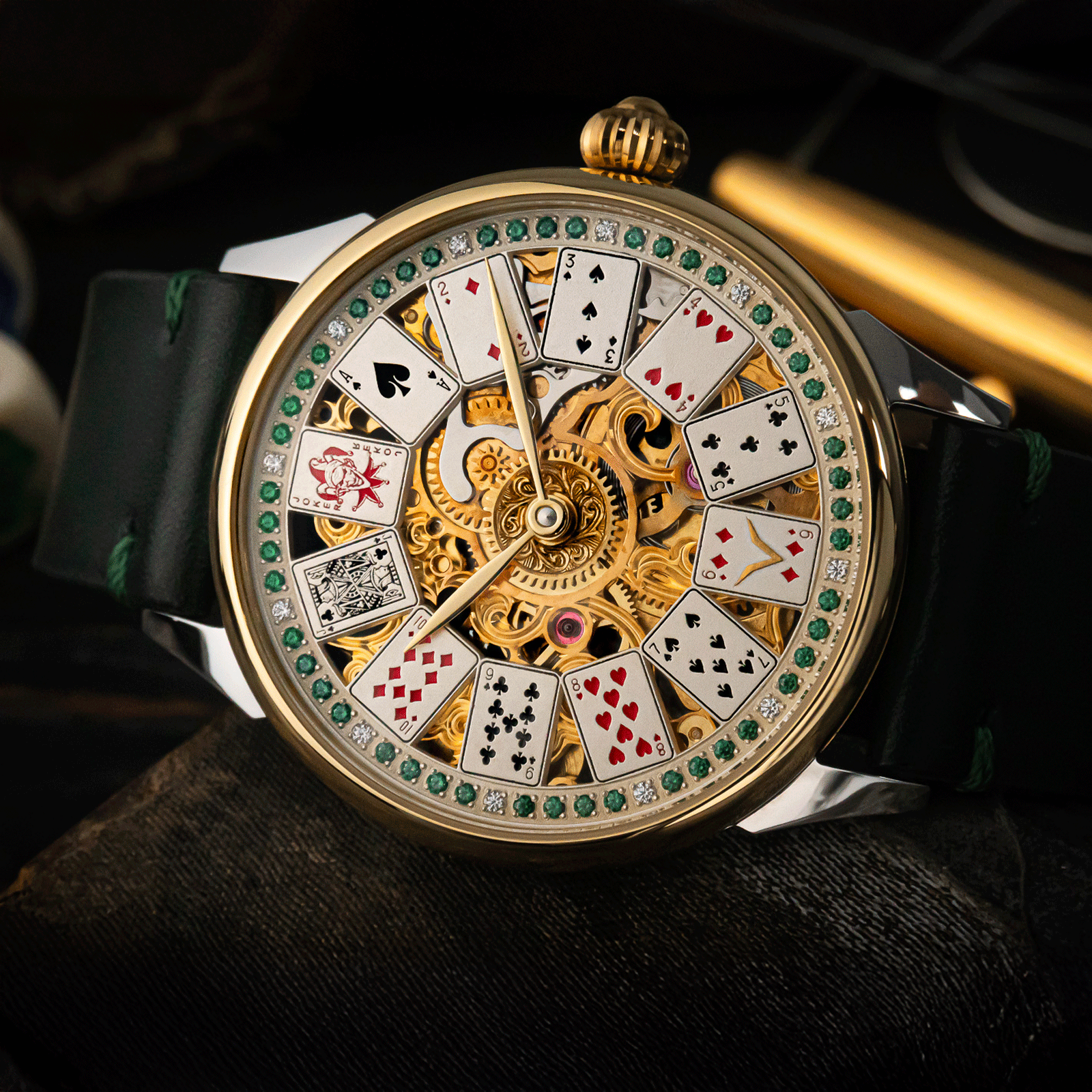 Lifestyle photo of casino watch in casino-inspired setting – skeleton watch
