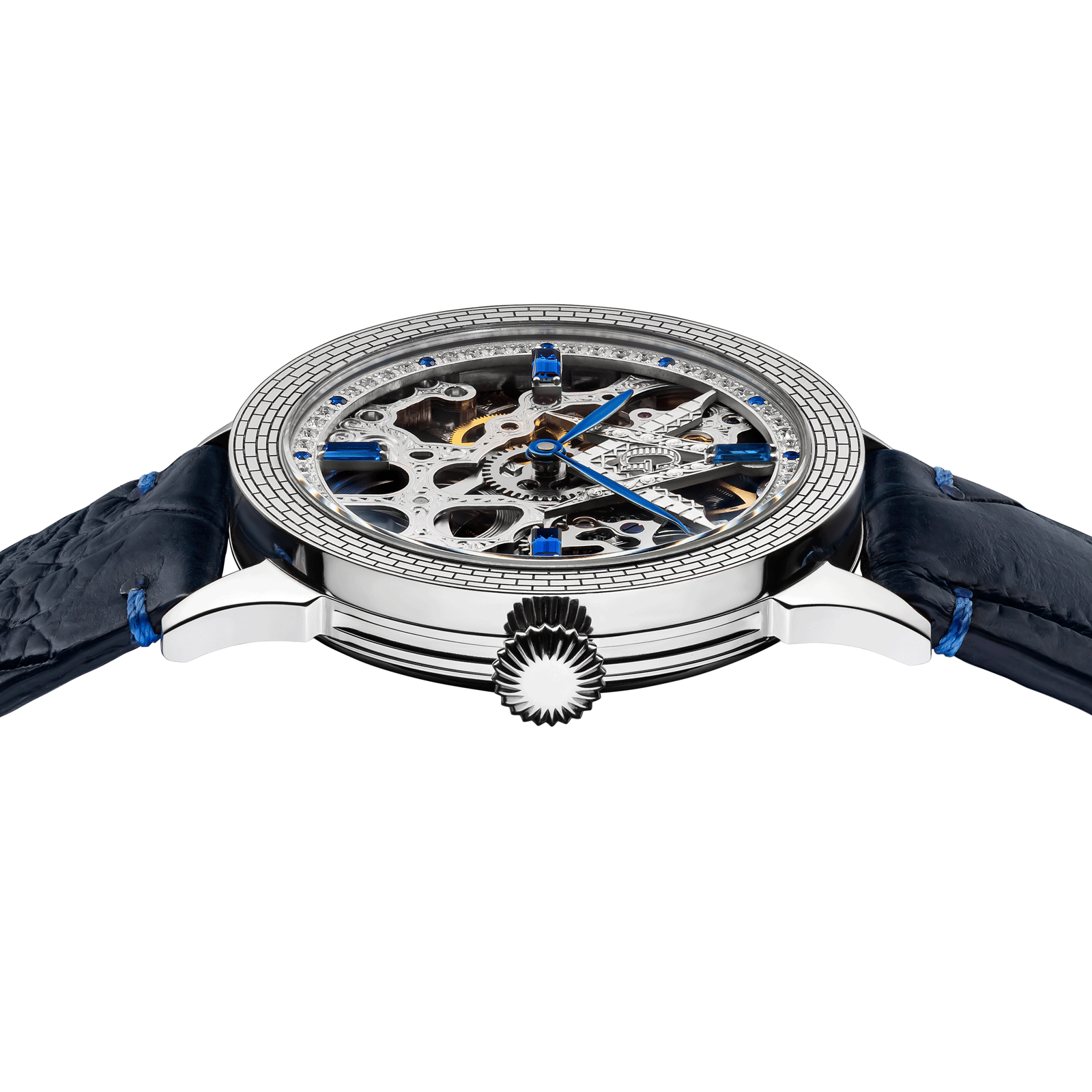Close-up of Skeleton watch Mystery Blue with side crown and detailed case finish