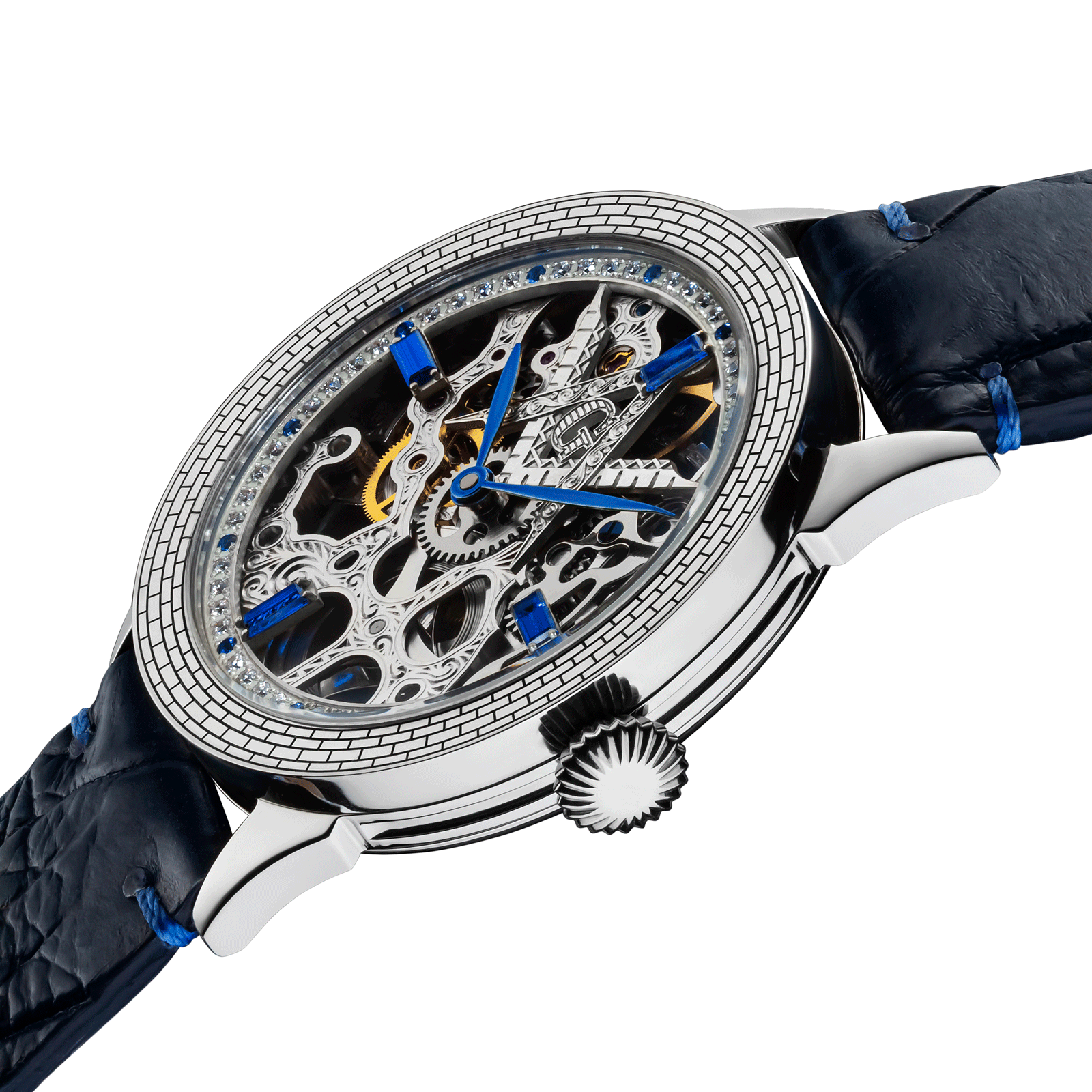 Close-up view of Masonic watch Mystery Blue with side crown and detailed case finish