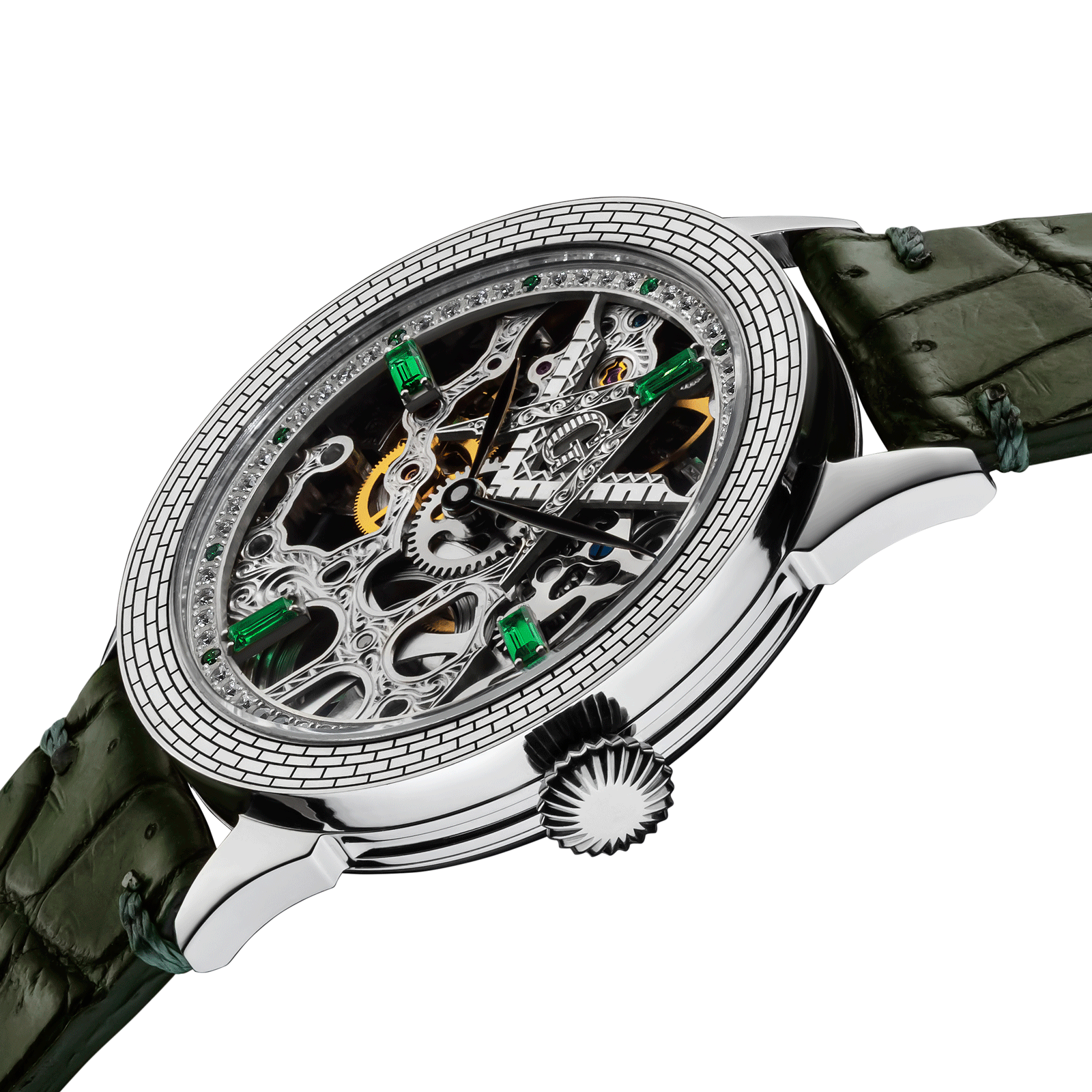 Close-up view of Masonic watch Mystery Emerald with side crown and detailed case finish
