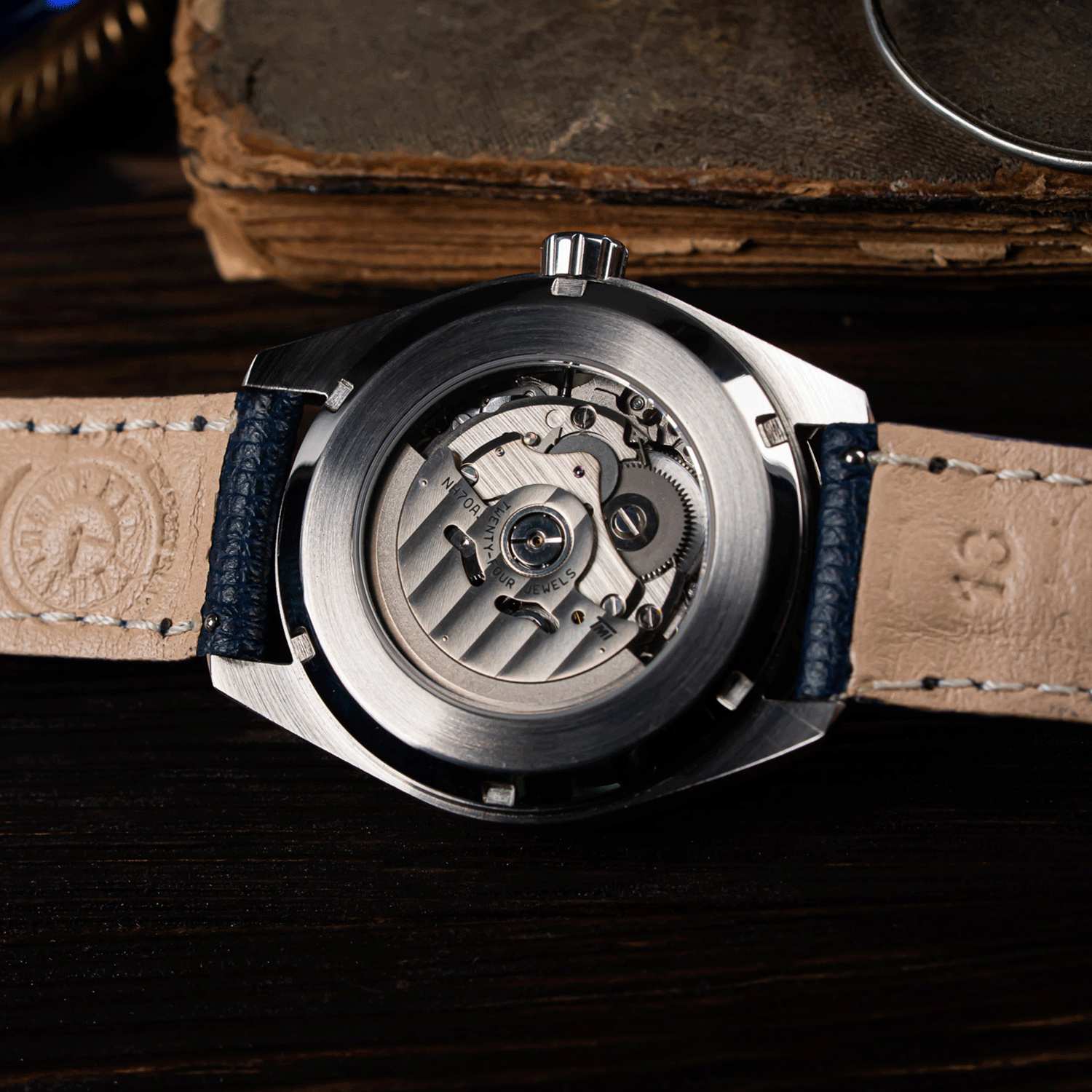 Rear view of freemason watch Noctua Blue - showing open caseback and movement inside