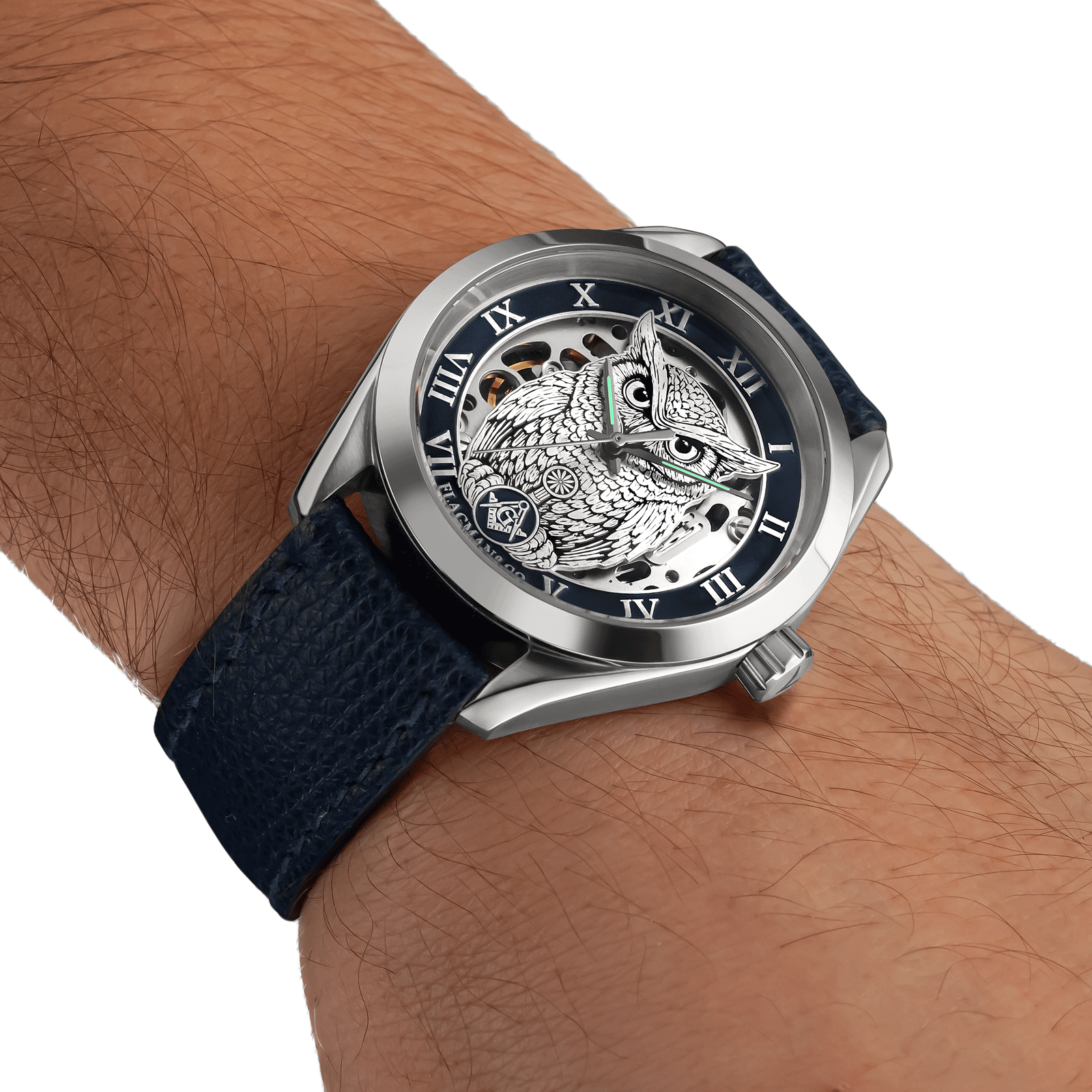 Noctua Blue Masonic Skeleton watch, worn on mens wrist