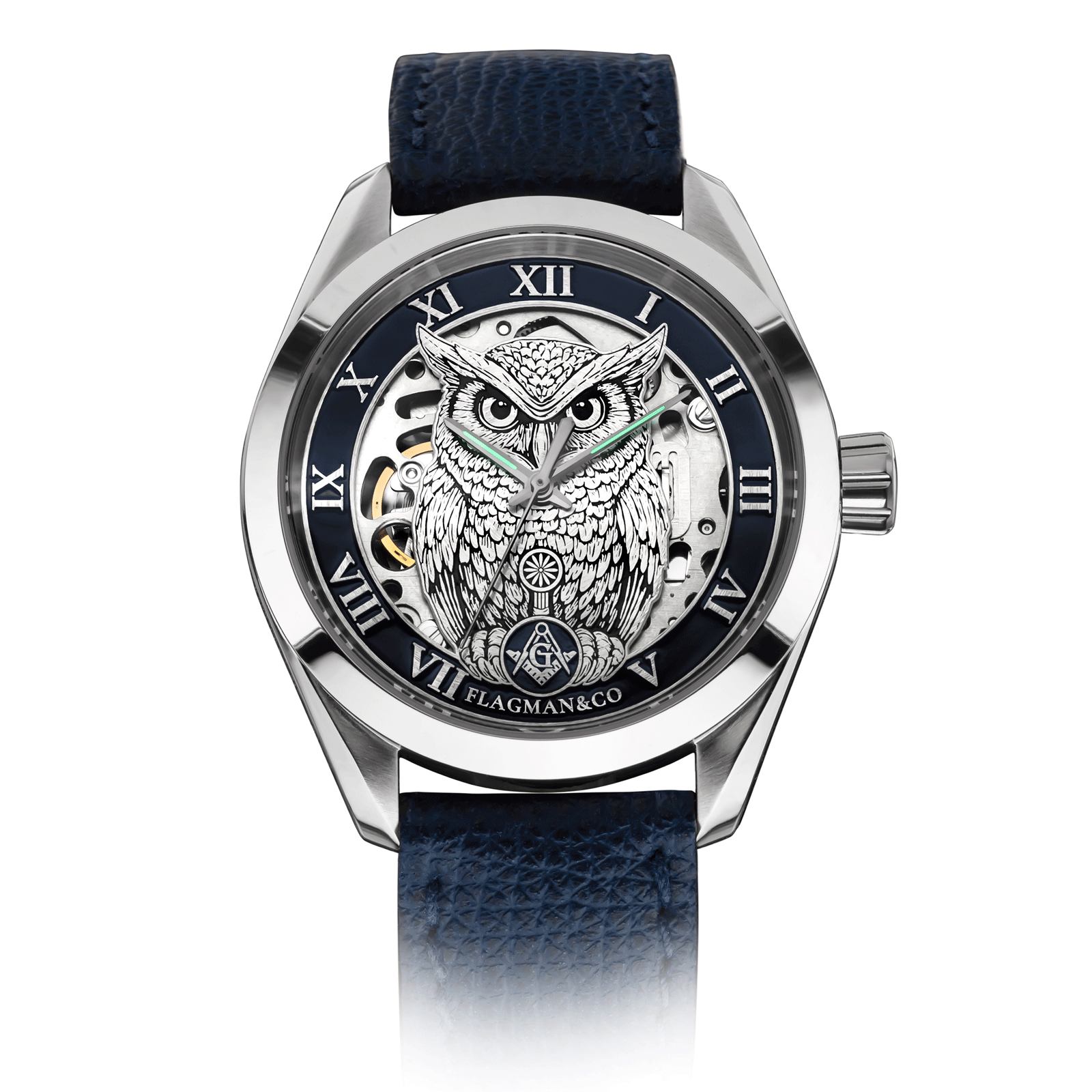 Mechanical Masonic watch with Blue Leather Strap - Noctua Blue #color_blue